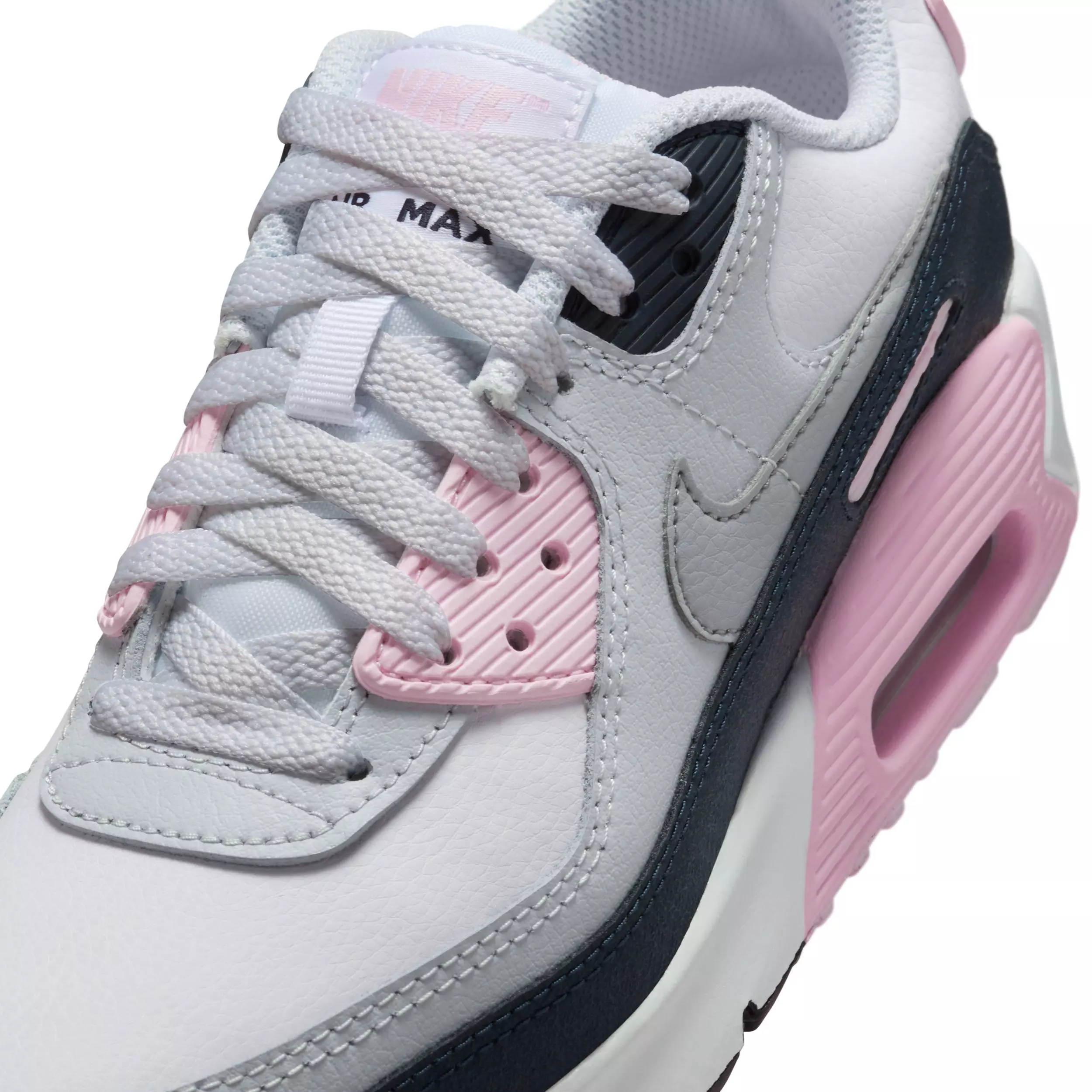 Nike Air Max 90 LTR "White/Pink Foam/Armory Navy/Wolf Grey" Grade School Girls' Shoe - WHITE/PINK/NAVY/GREY