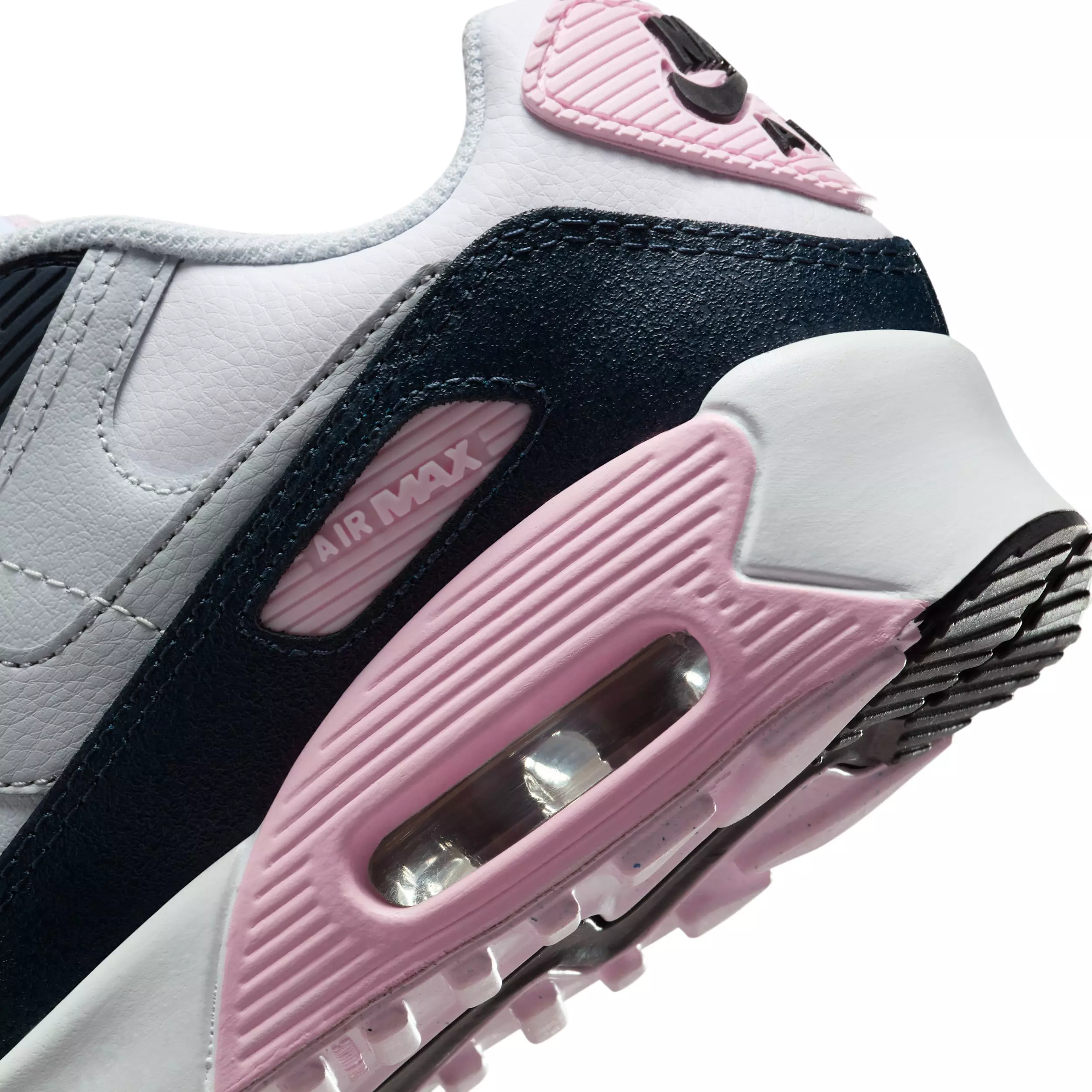 Nike Air Max 90 LTR "White/Pink Foam/Armory Navy/Wolf Grey" Grade School Girls' Shoe - WHITE/PINK/NAVY/GREY