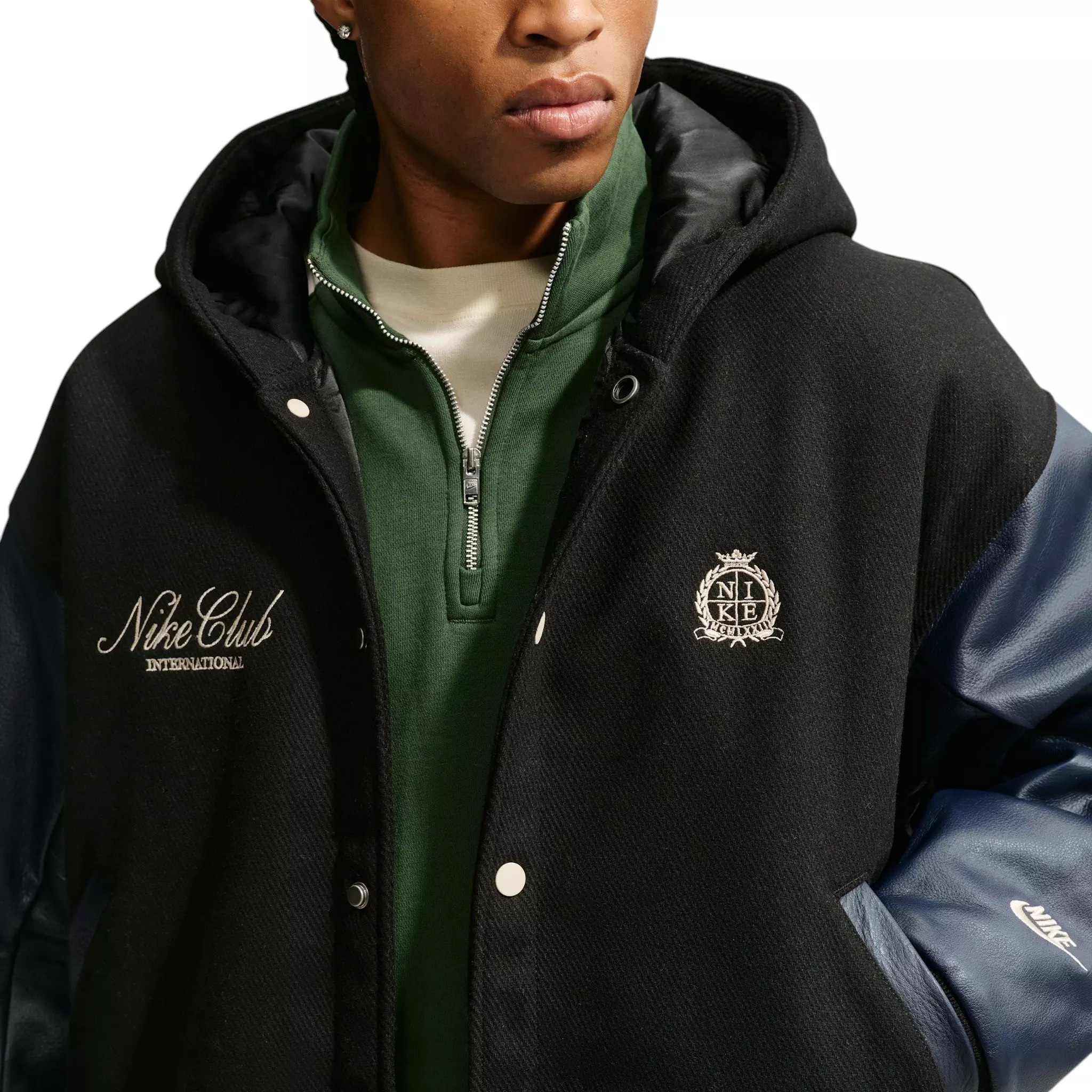 Nike Men's Club Wool Varsity Jacket - Black/Obsidian/Sanddrift - BLACK/OBSIDIAN/SANDDRIFT