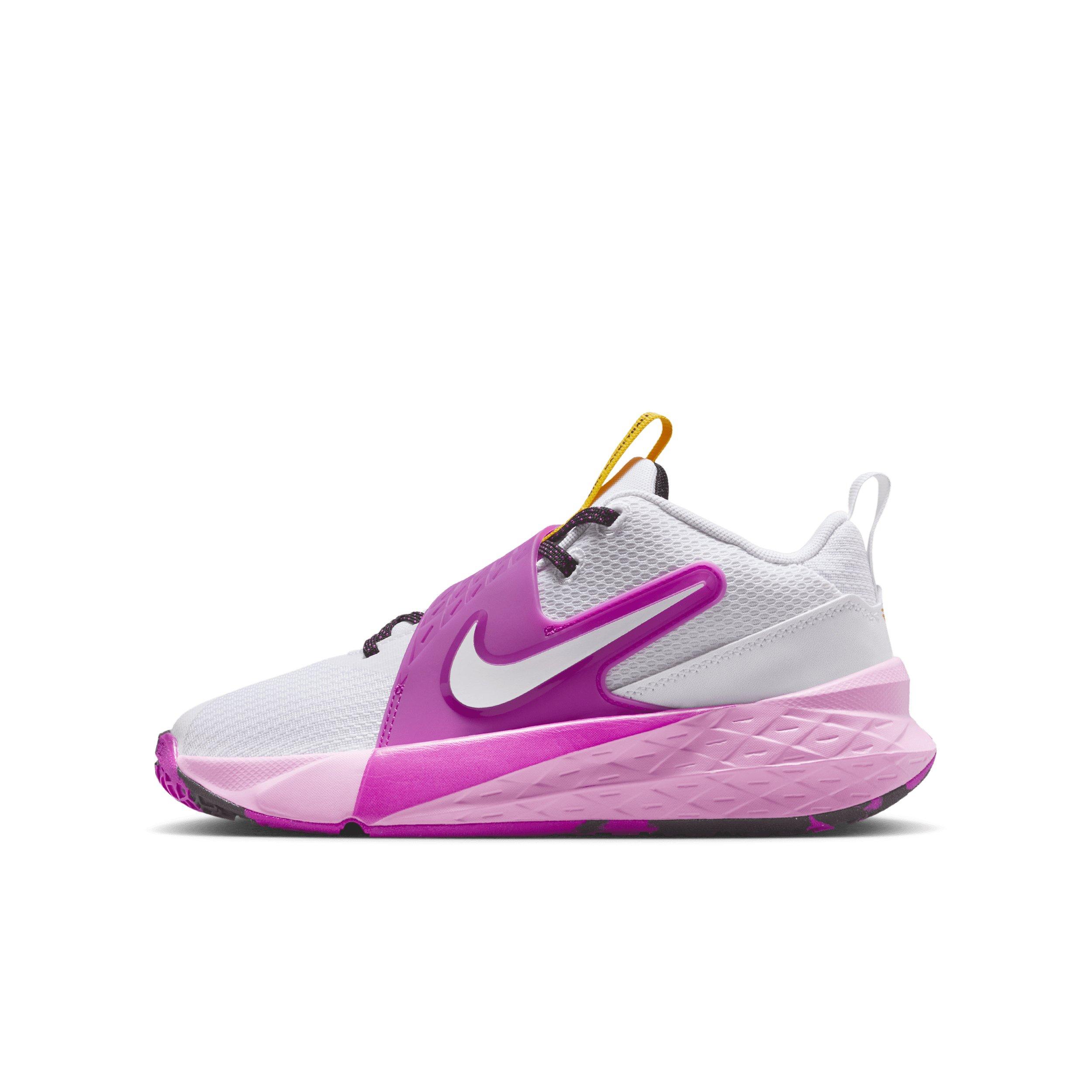Nike Team Hustle D 12 Grade School Boys' "White/University Gold/Vivid Purple/White" Basketball Shoe