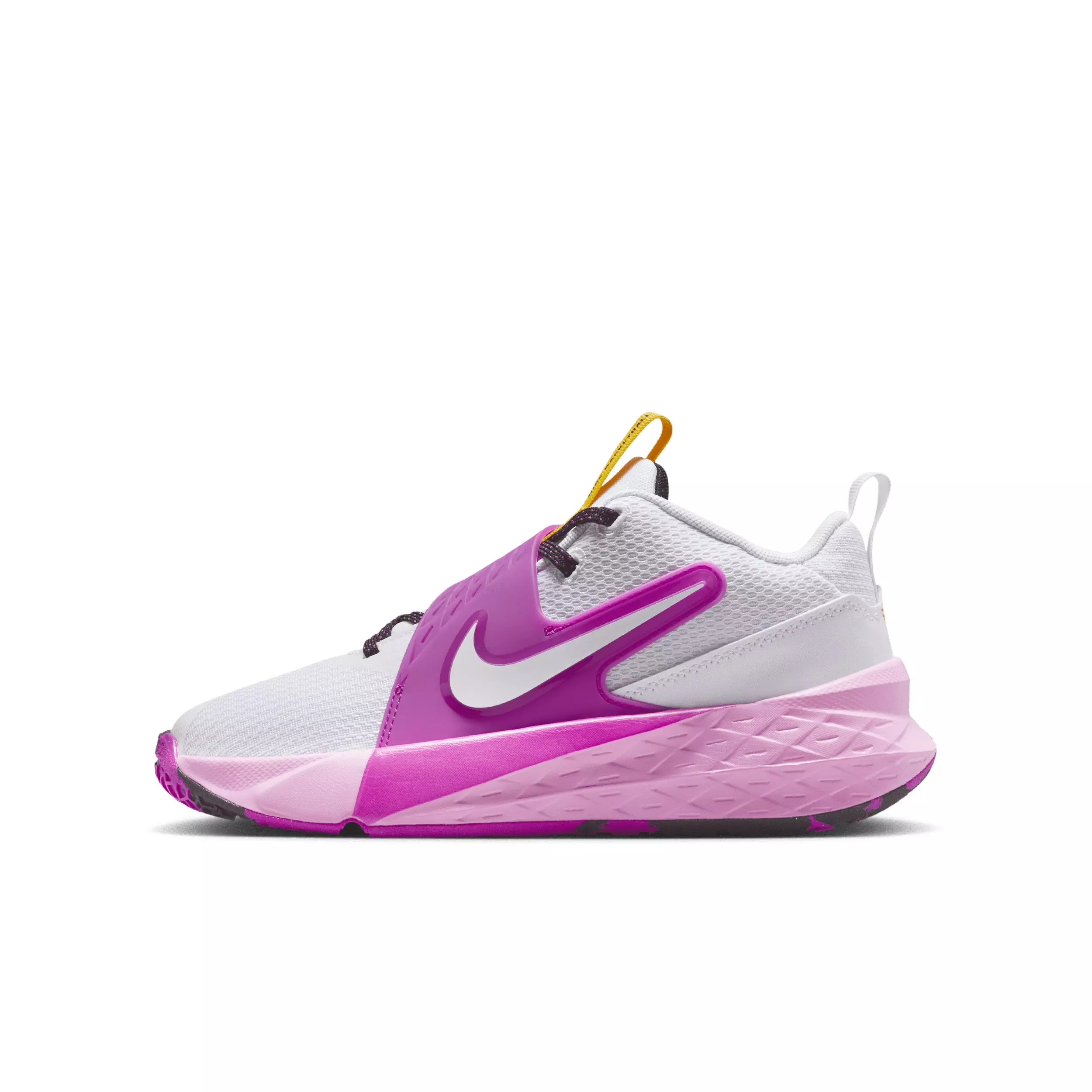 Nike Team Hustle D 12 "White/University Gold/Vivid Purple/White" Grade School Boys' Basketball Shoe - WHITE/GOLD/PURPLE/WHITE