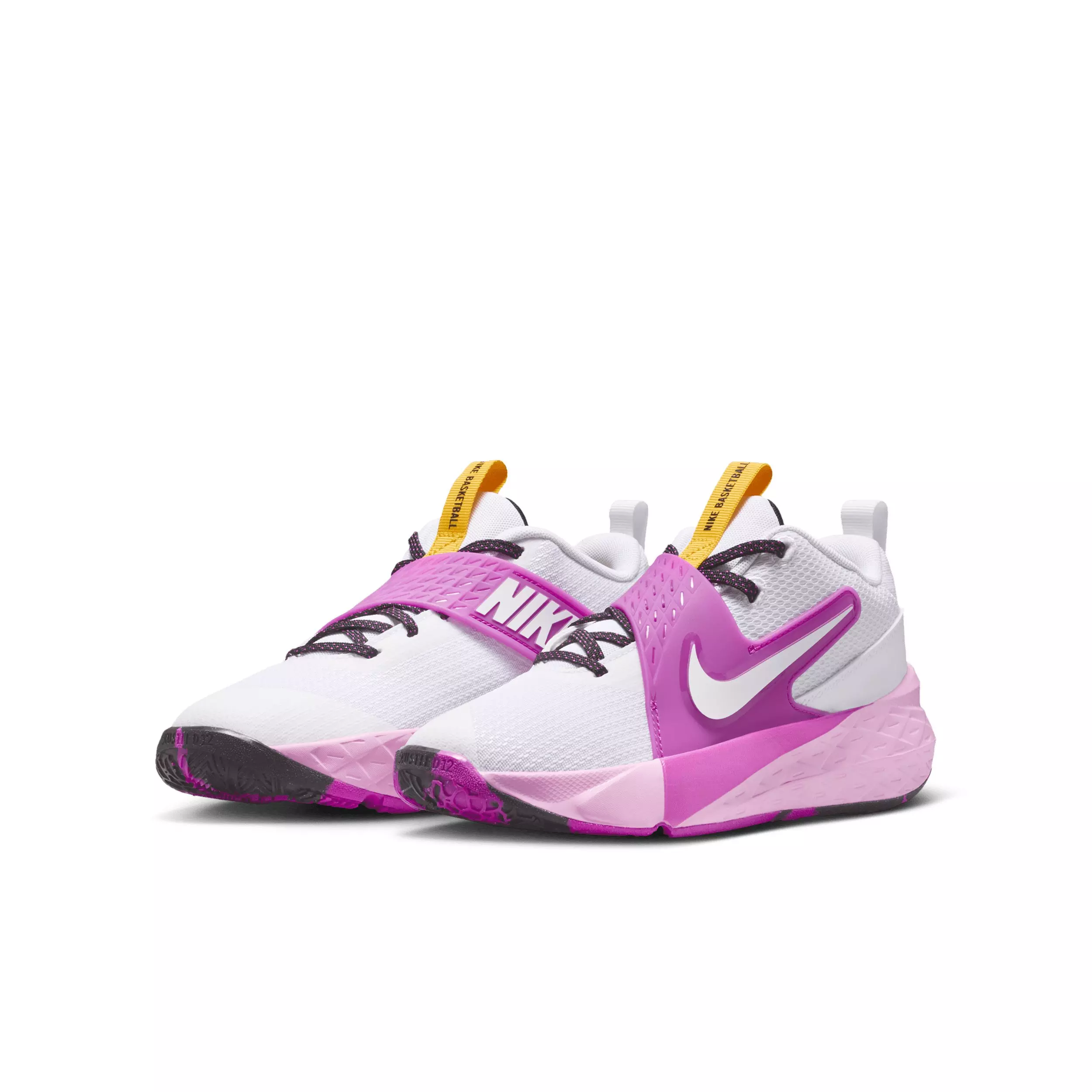 Nike Team Hustle D 12 "White/University Gold/Vivid Purple/White" Grade School Boys' Basketball Shoe - WHITE/GOLD/PURPLE/WHITE