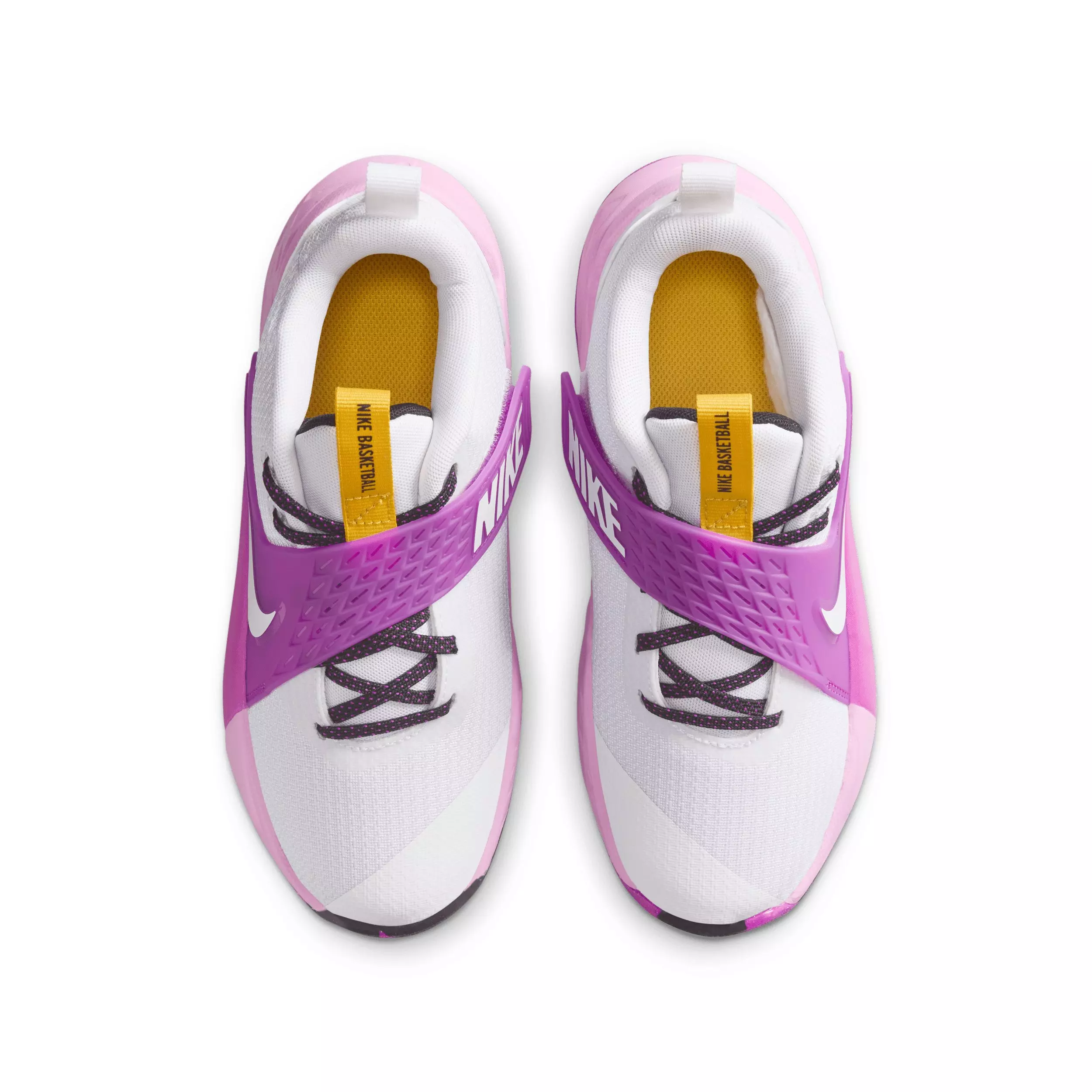 Nike Team Hustle D 12 "White/University Gold/Vivid Purple/White" Grade School Boys' Basketball Shoe - WHITE/GOLD/PURPLE/WHITE