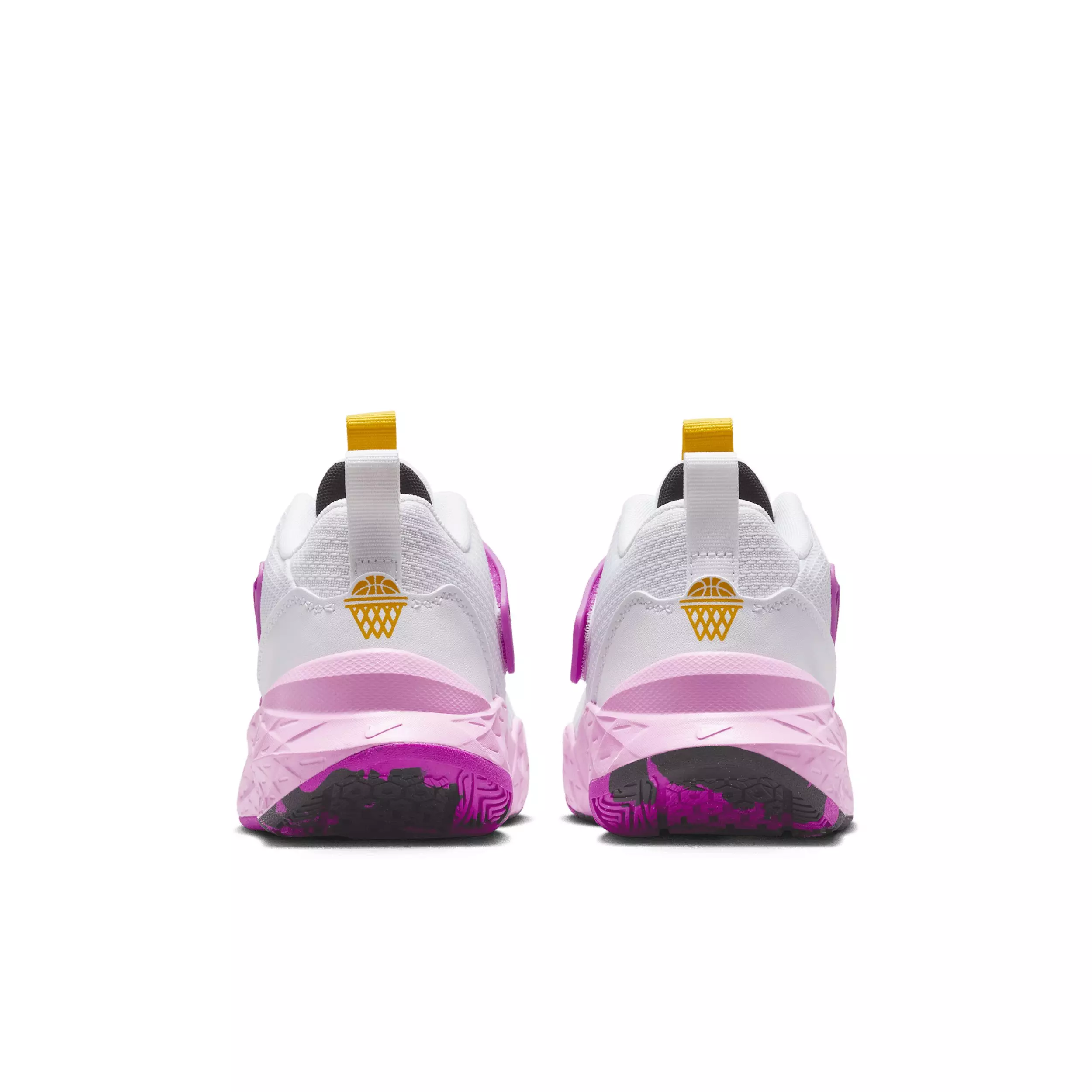 Nike Team Hustle D 12 "White/University Gold/Vivid Purple/White" Grade School Boys' Basketball Shoe - WHITE/GOLD/PURPLE/WHITE