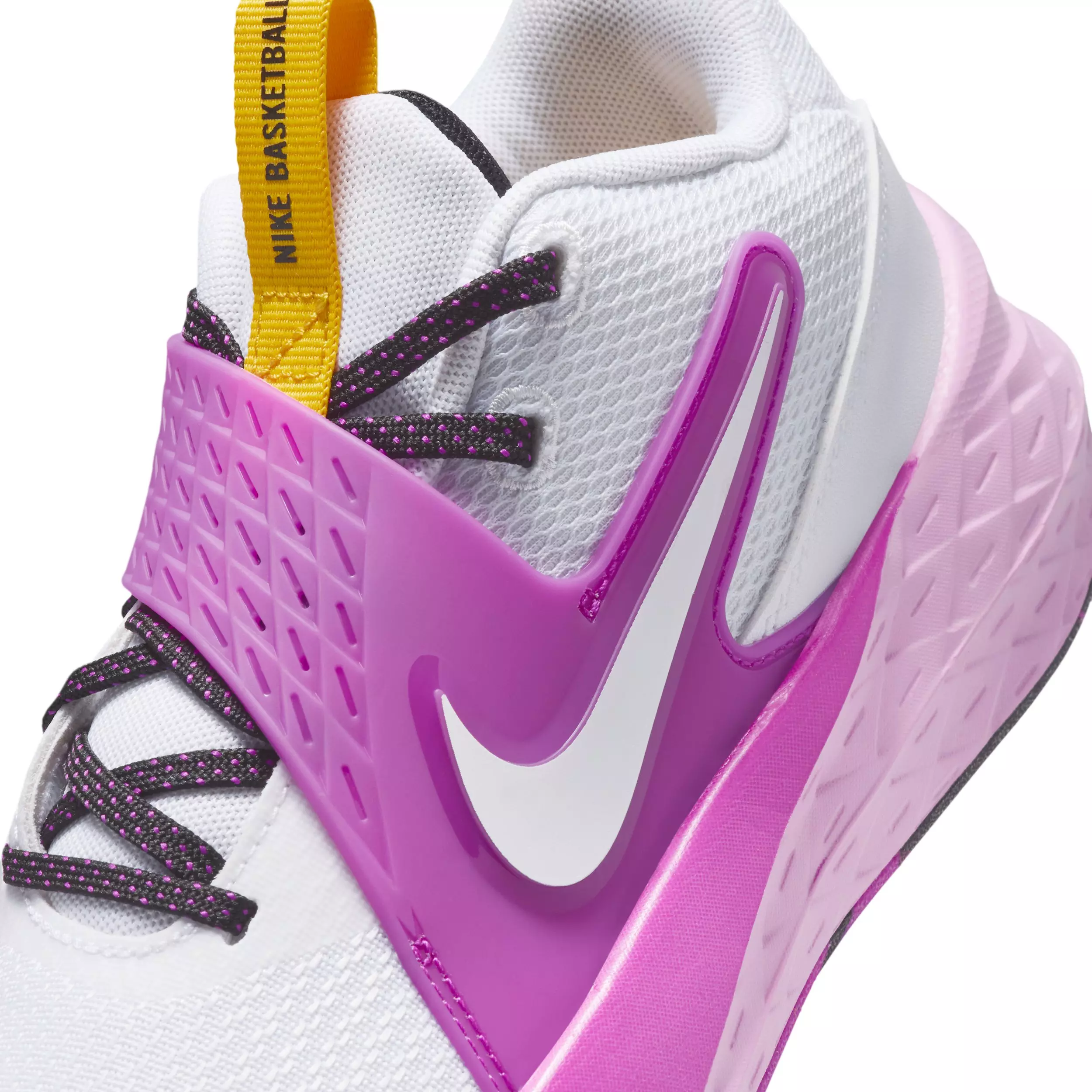 Nike Team Hustle D 12 "White/University Gold/Vivid Purple/White" Grade School Boys' Basketball Shoe - WHITE/GOLD/PURPLE/WHITE