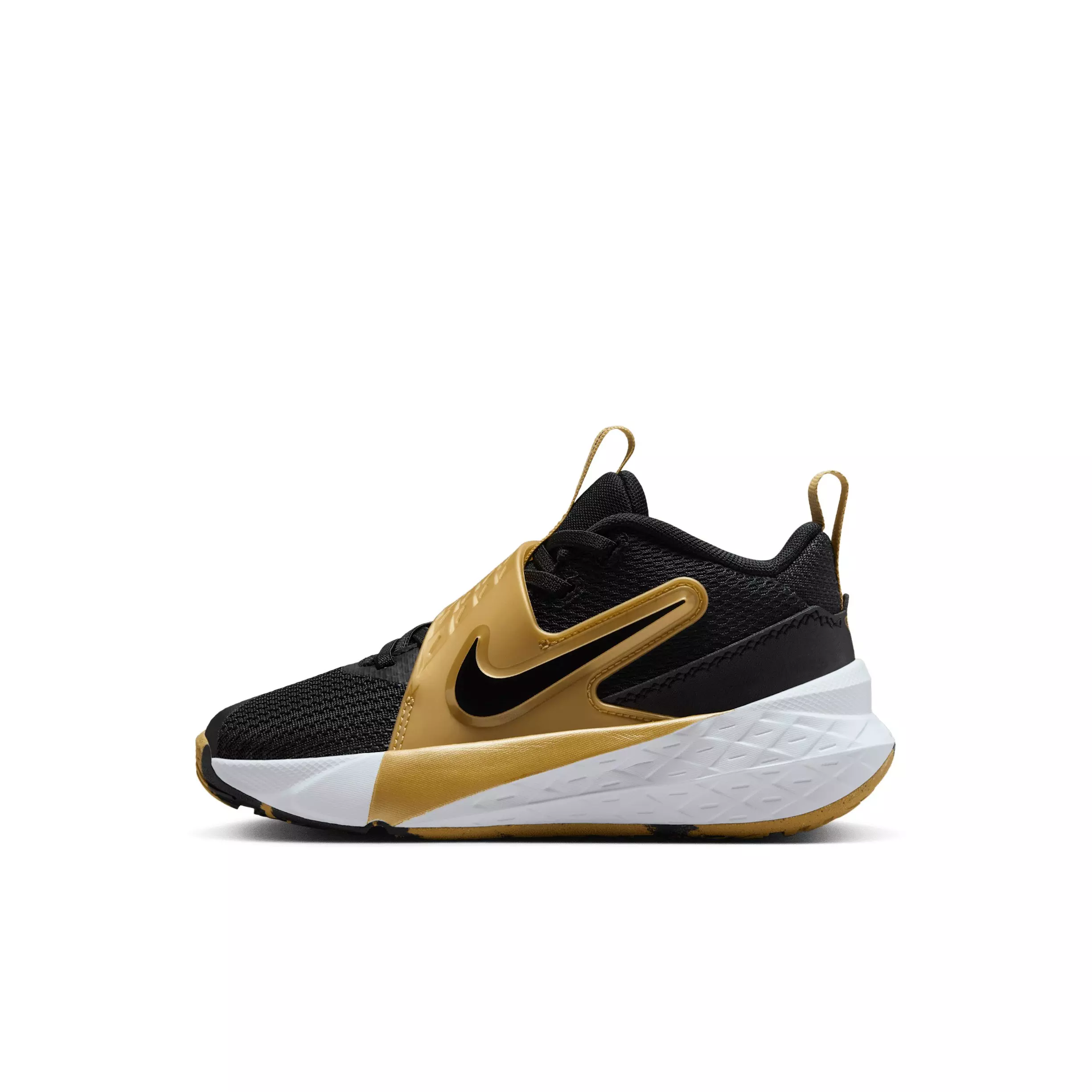 Nike Team Hustle D 12 "Black/Metallic Gold/White/Black" Preschool Boys' Basketball Shoe - BLACK/GOLD/WHITE/BLACK
