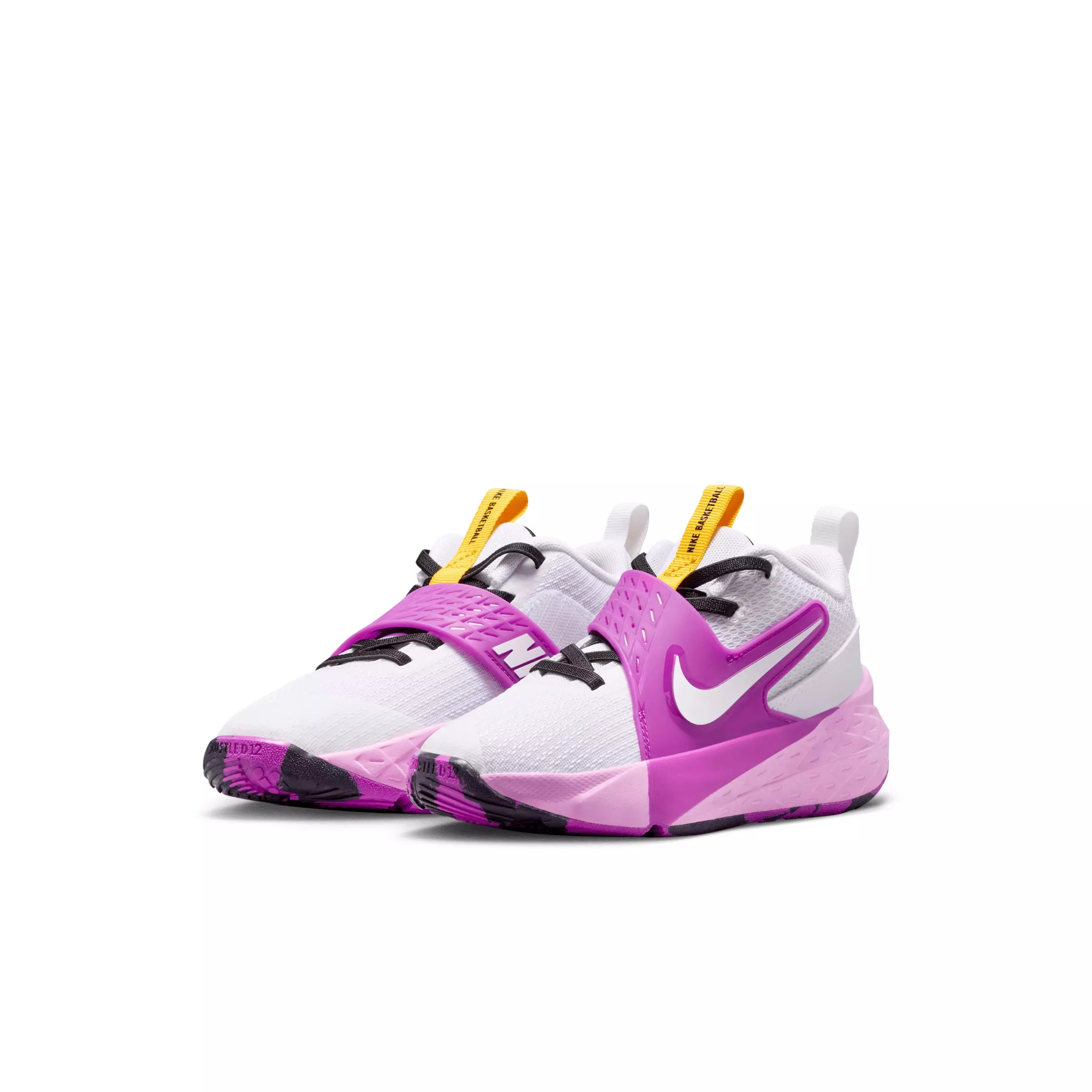 Nike Team Hustle D 12 "White/University Gold/Vivid Purple/White" Preschool Boys' Basketball Shoe - WHITE/GOLD/PURPLE/WHITE