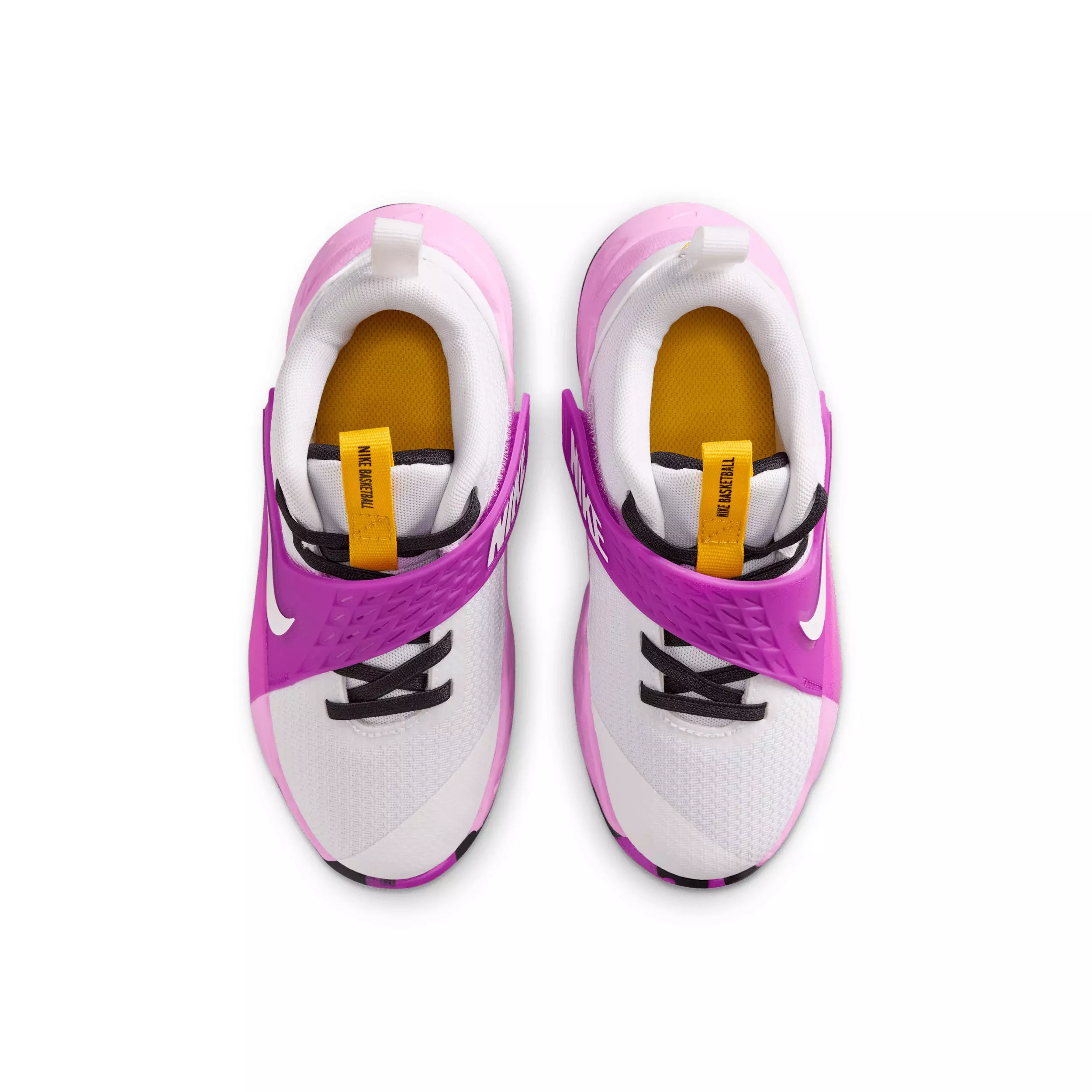 Nike Team Hustle D 12 "White/University Gold/Vivid Purple/White" Preschool Boys' Basketball Shoe - WHITE/GOLD/PURPLE/WHITE