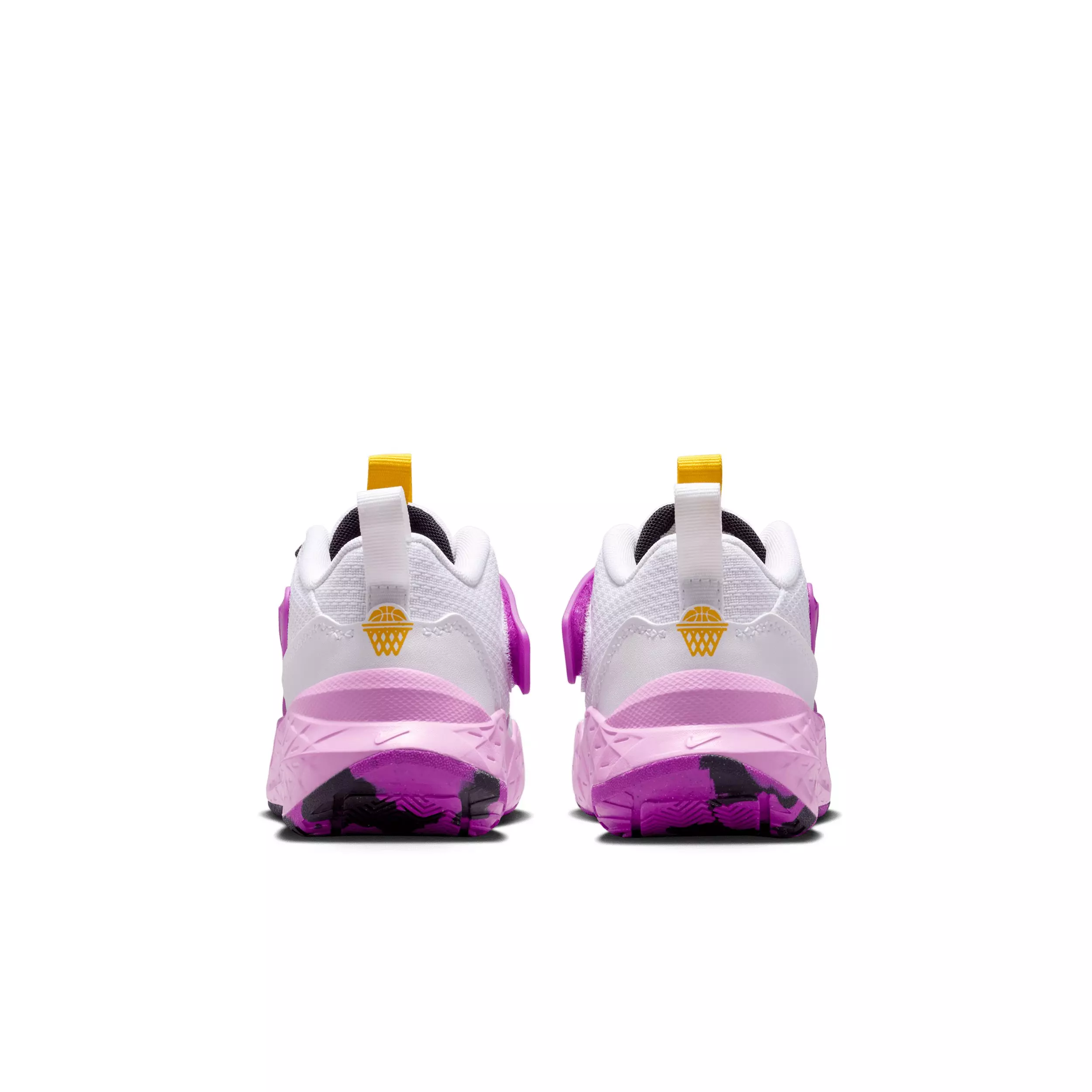 Nike Team Hustle D 12 "White/University Gold/Vivid Purple/White" Preschool Boys' Basketball Shoe - WHITE/GOLD/PURPLE/WHITE