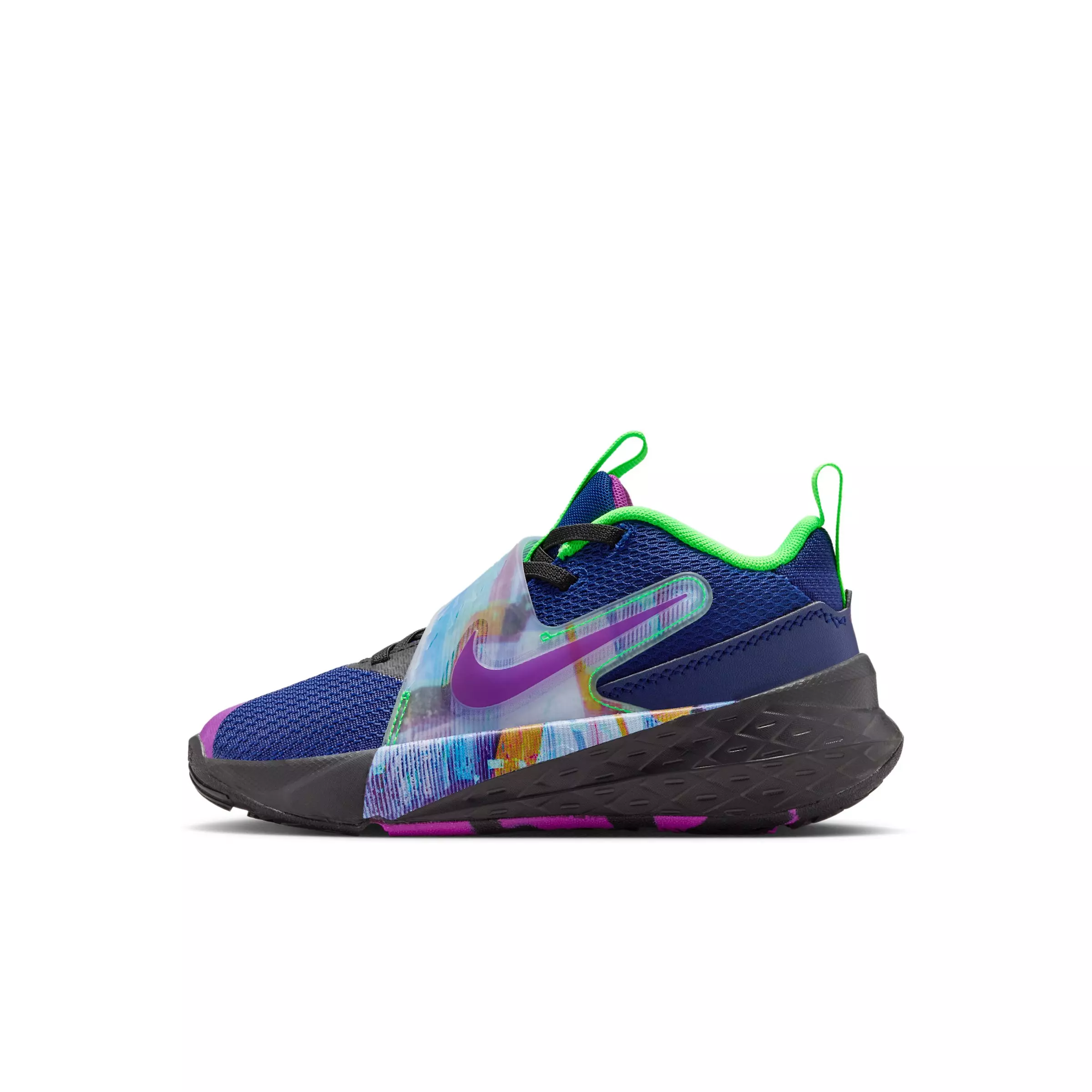 Nike Team Hustle D 12 SE "Blue Void/Black/Green Strike/Vivid Purple" Preschool Boys' Basketball Shoe - BLUE/BLACK/GREEN/PURPLE