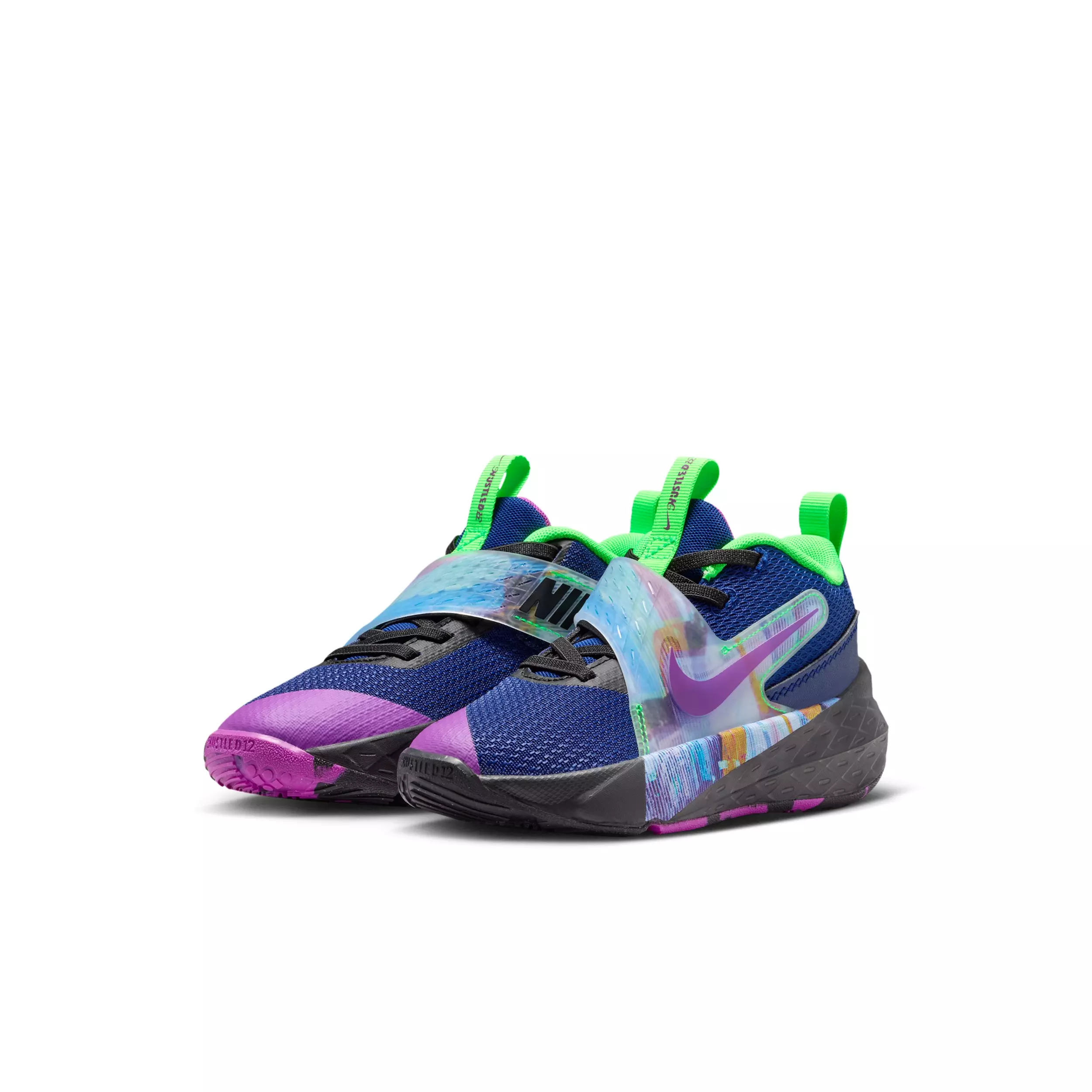 Nike Team Hustle D 12 SE "Blue Void/Black/Green Strike/Vivid Purple" Preschool Boys' Basketball Shoe - BLUE/BLACK/GREEN/PURPLE
