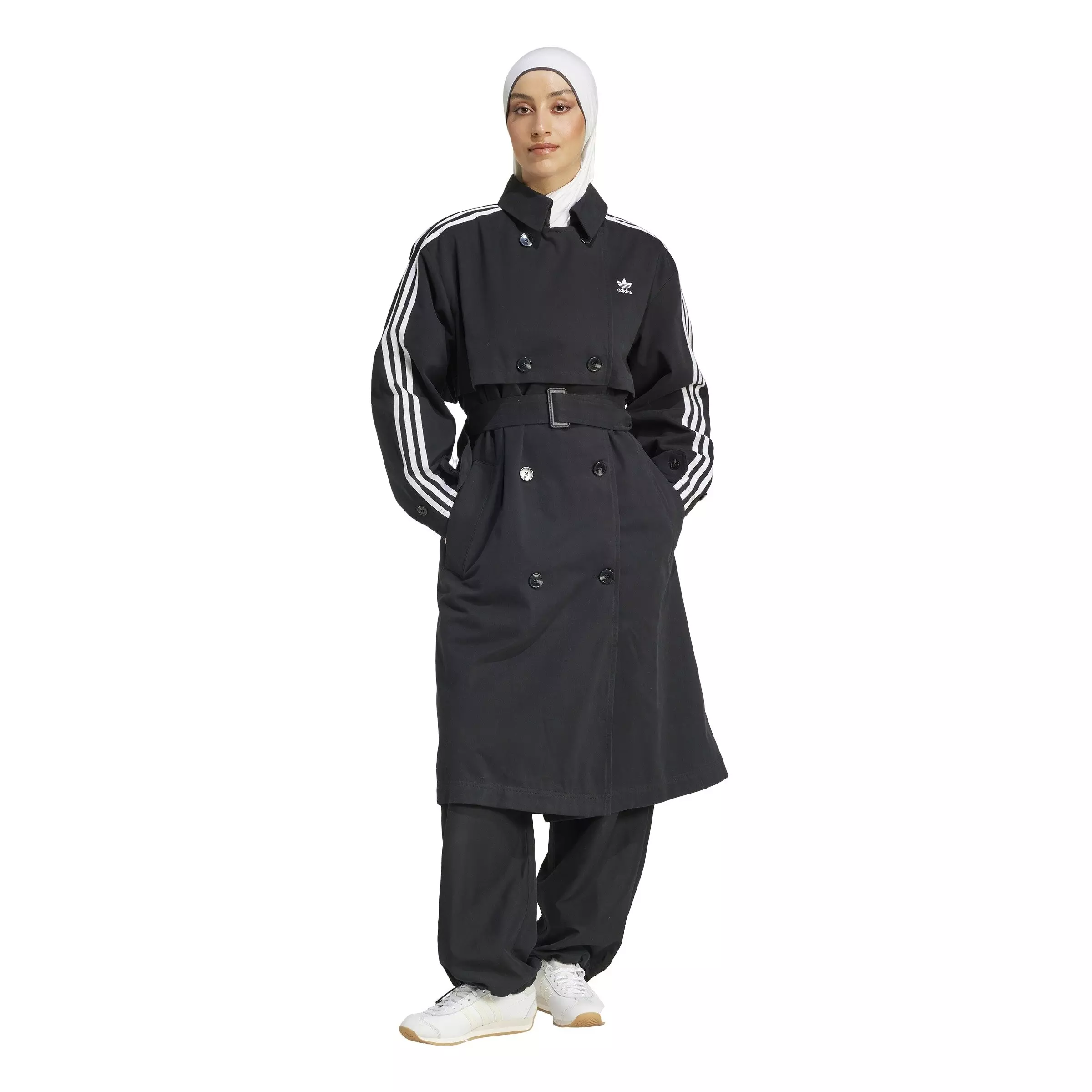adidas Originals Women's Adicolor Twill Trench Coat-Black - BLACK
