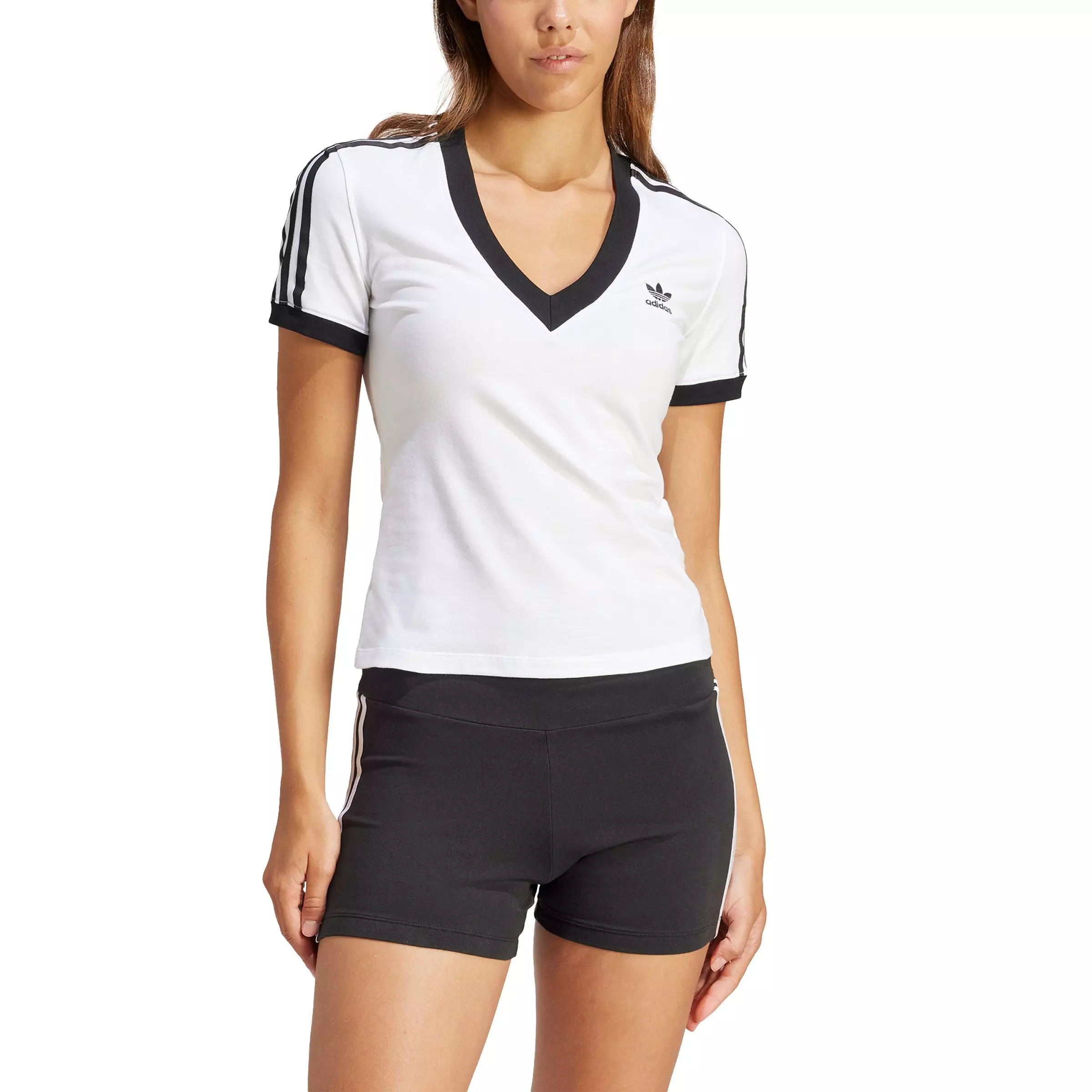 adidas Originals Women's 3-Stripes V-Neck Slim T-Shirt -White - WHITE