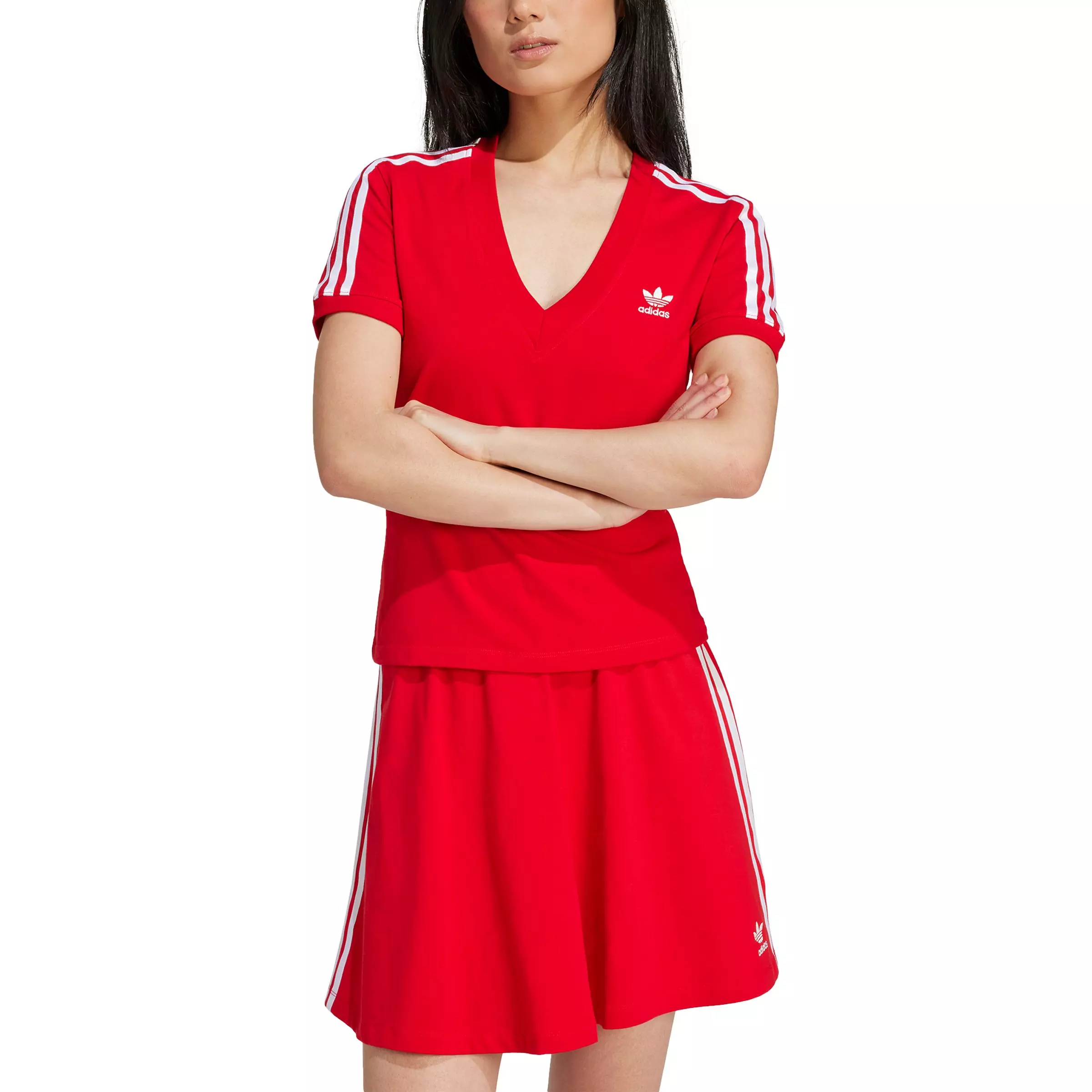 adidas Originals Women's 3-Stripes V-Neck Slim T-Shirt -Red - RED