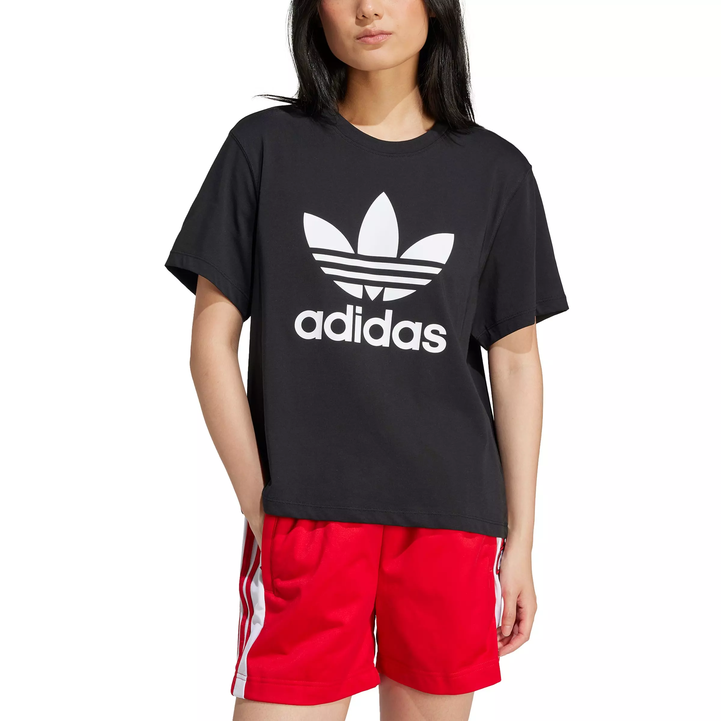 adidas Originals Women's Adicolor Trefoil 3-Stripes T-Shirt -Black - BLACK