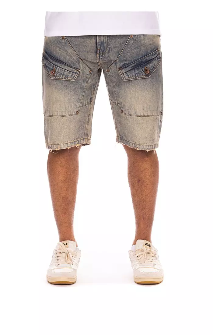 AKOO Men's Marvin Vintage Blue Wash Denim Shorts - BLUE