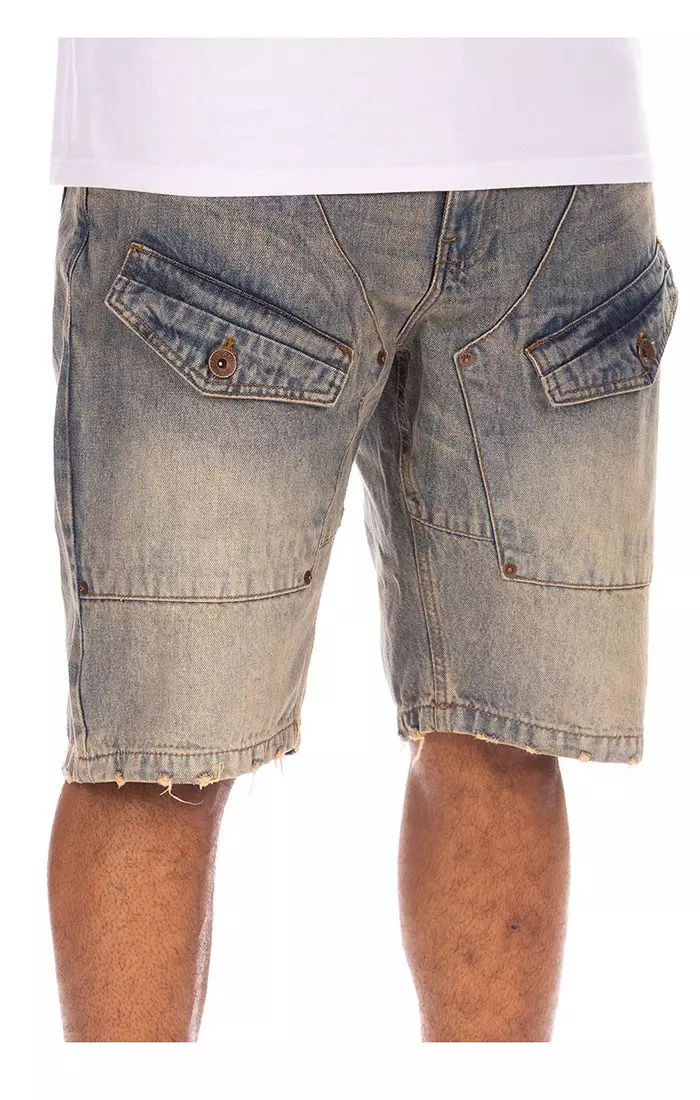 AKOO Men's Marvin Vintage Blue Wash Denim Shorts - BLUE