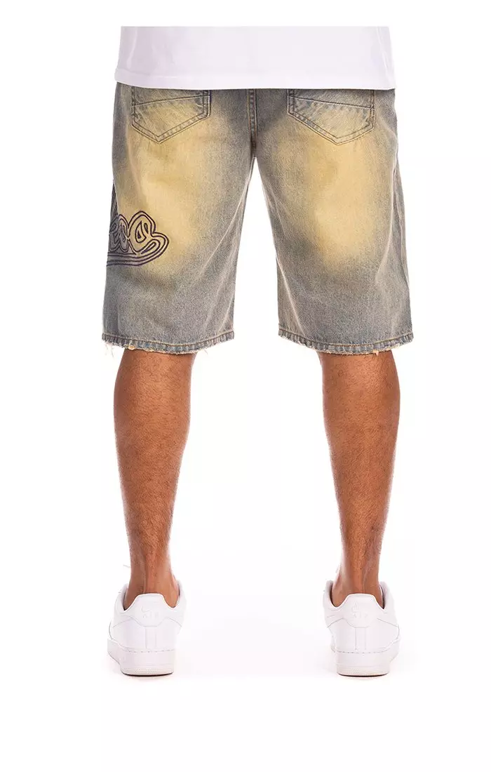 AKOO Men's Sly Fox Vintage Blue Wash Denim Shorts - BLUE