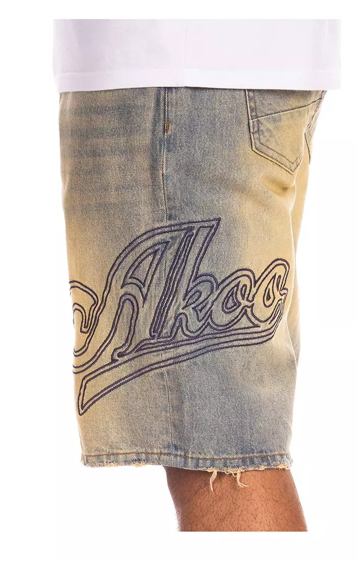 AKOO Men's Sly Fox Vintage Blue Wash Denim Shorts - BLUE