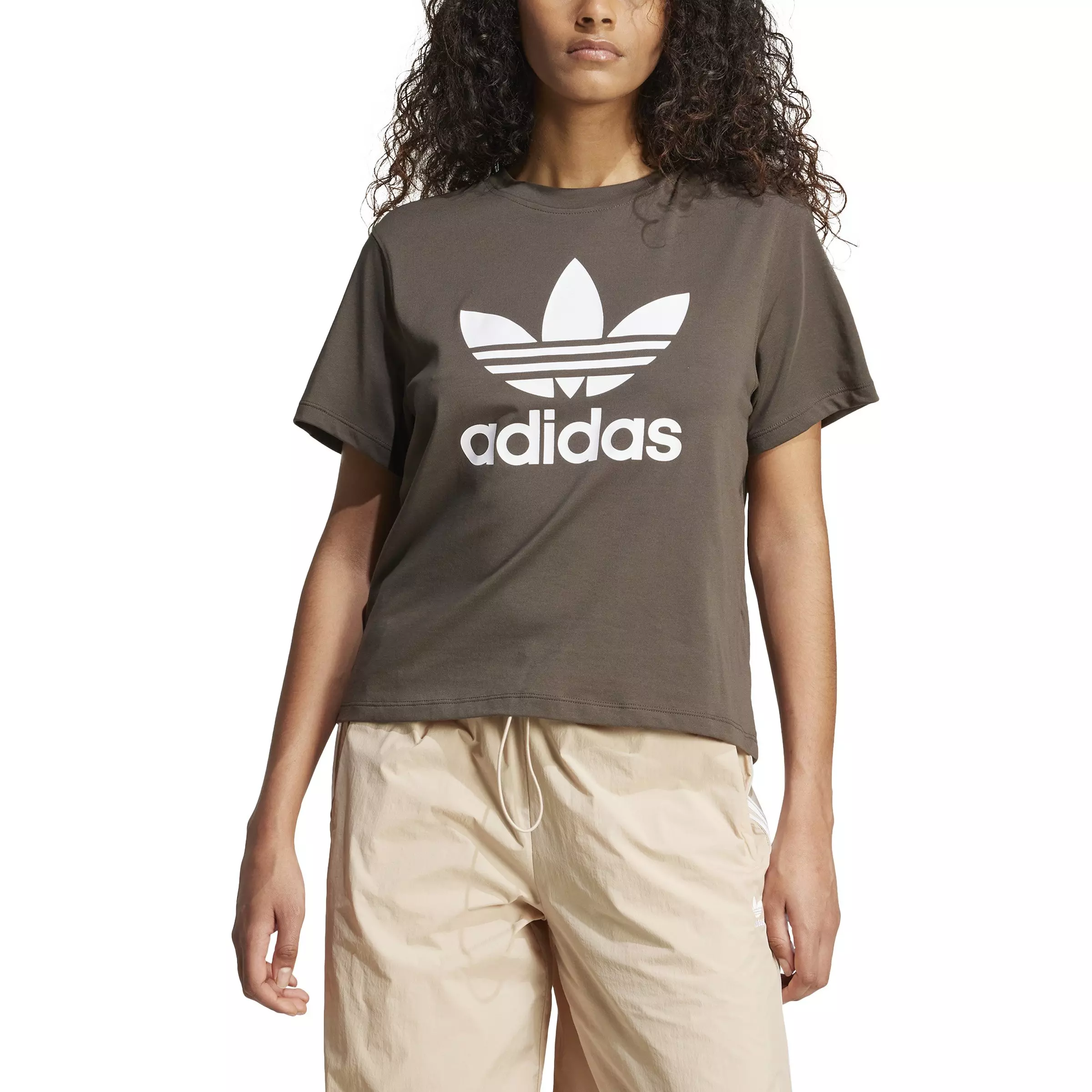 adidas Originals Women's Adicolor Trefoil Lifestyle Boxy T-Shirt -Brown - BROWN
