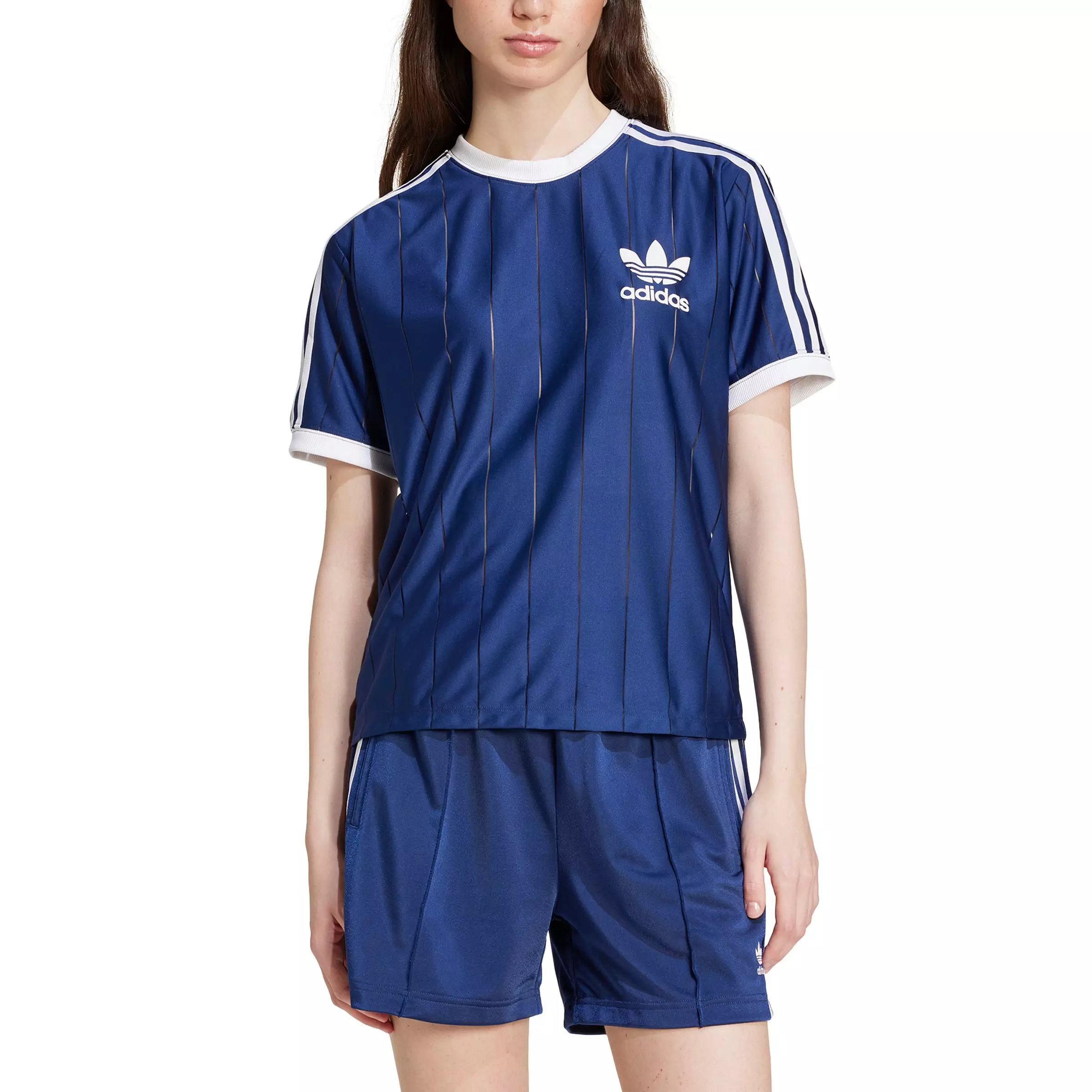 adidas Originals Women's Adicolor 3-Stripes Pinstripe T-Shirt -Blue - BLUE