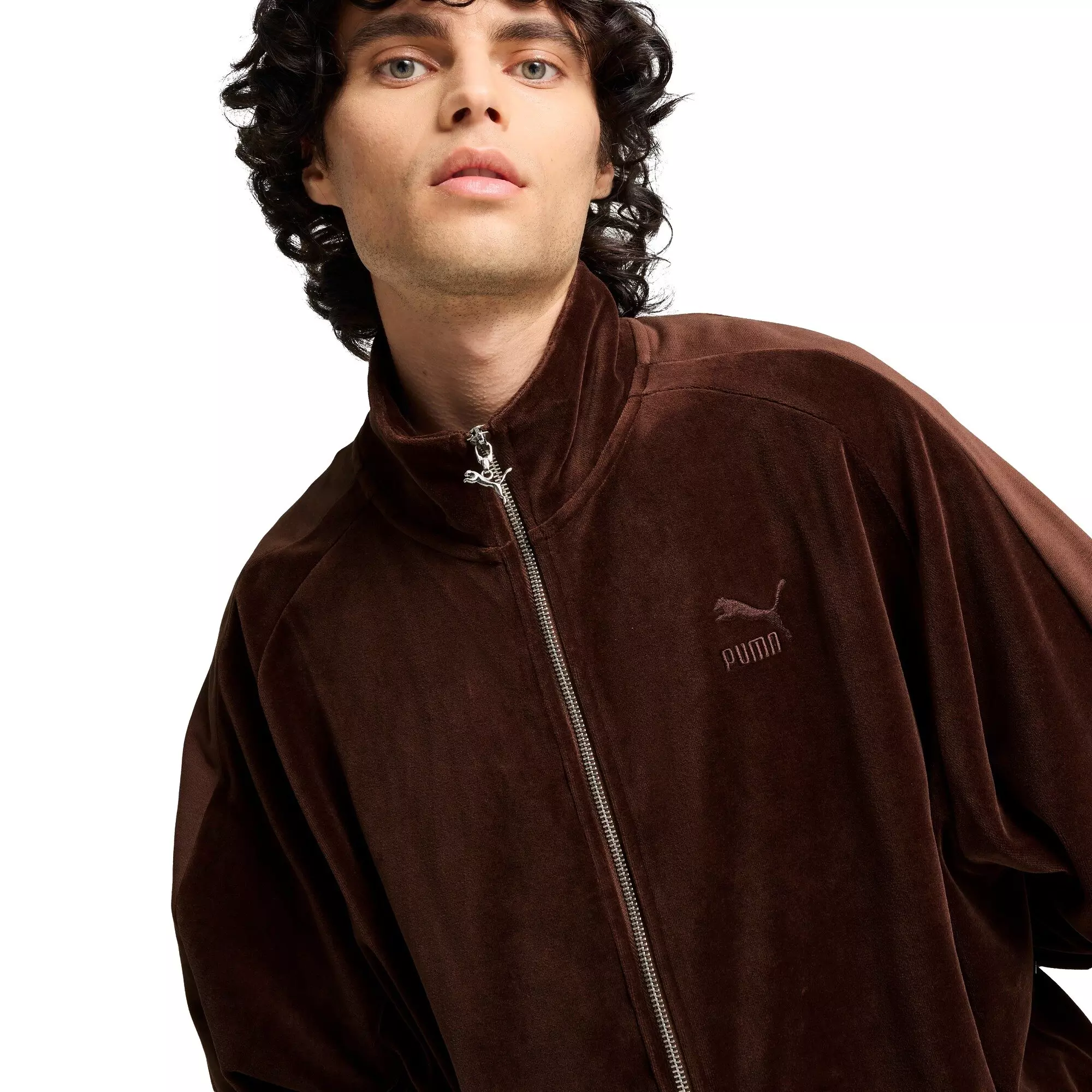 PUMA Men's T7 Oversized Velour Track Jacket -Brown - BROWN
