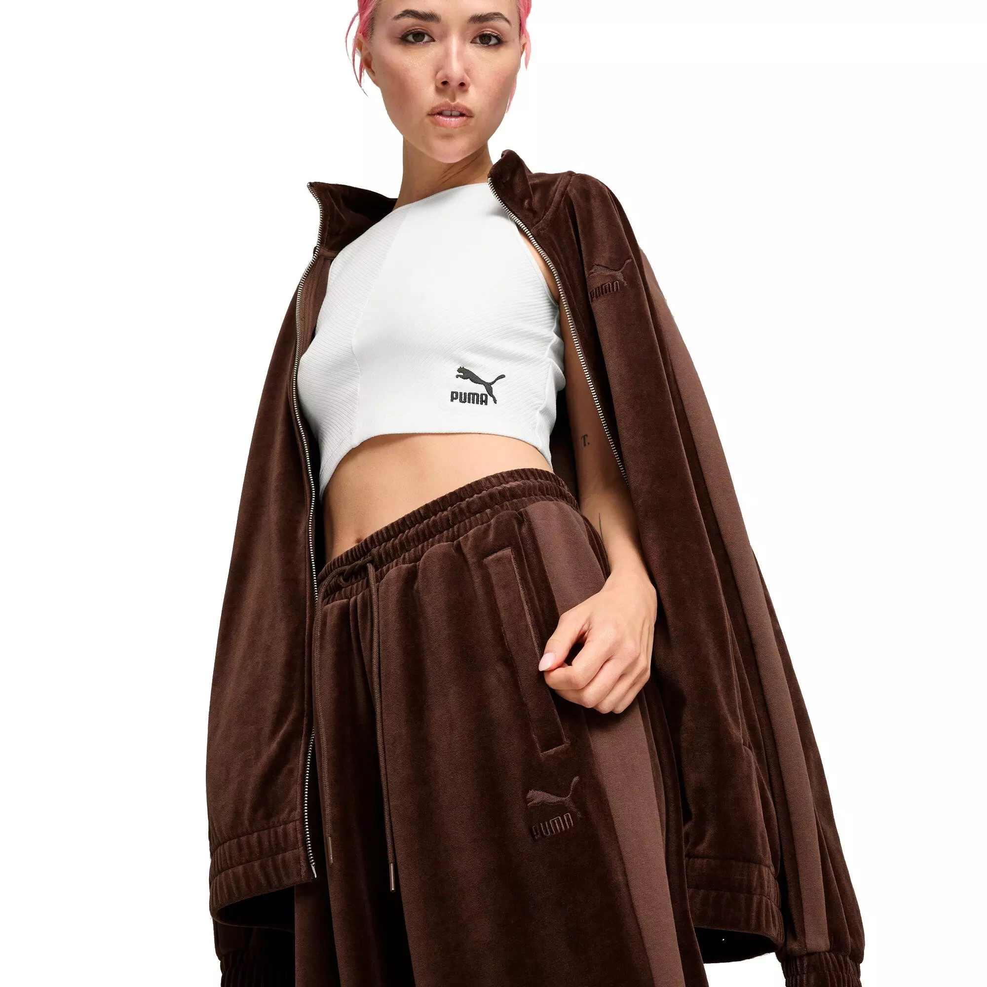 PUMA Men's T7 Oversized Velour Track Pants -Brown - BROWN