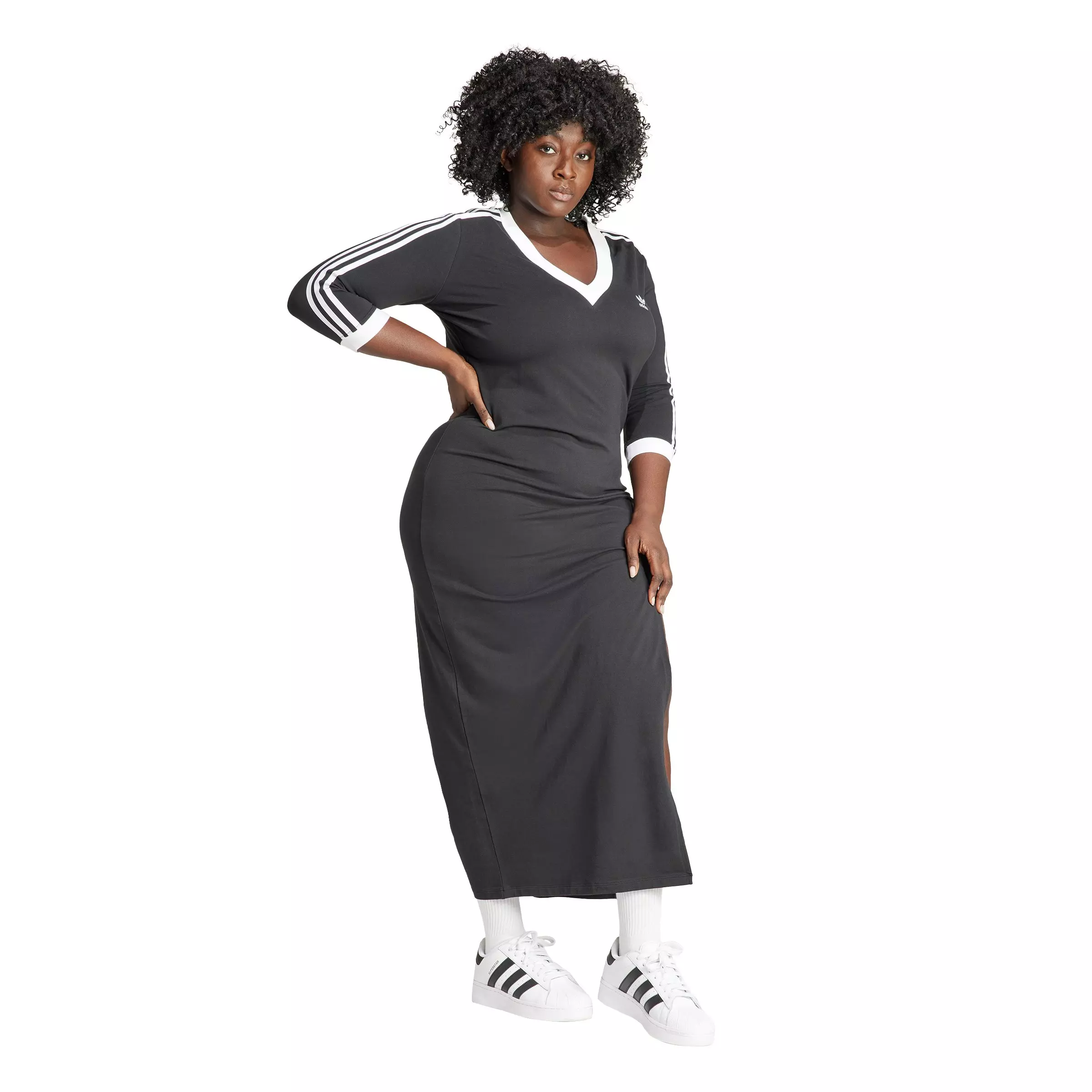 adidas Originals Women's Adicolor Classics 3-Stripes V-Neck Maxi Dress - Black - BLACK