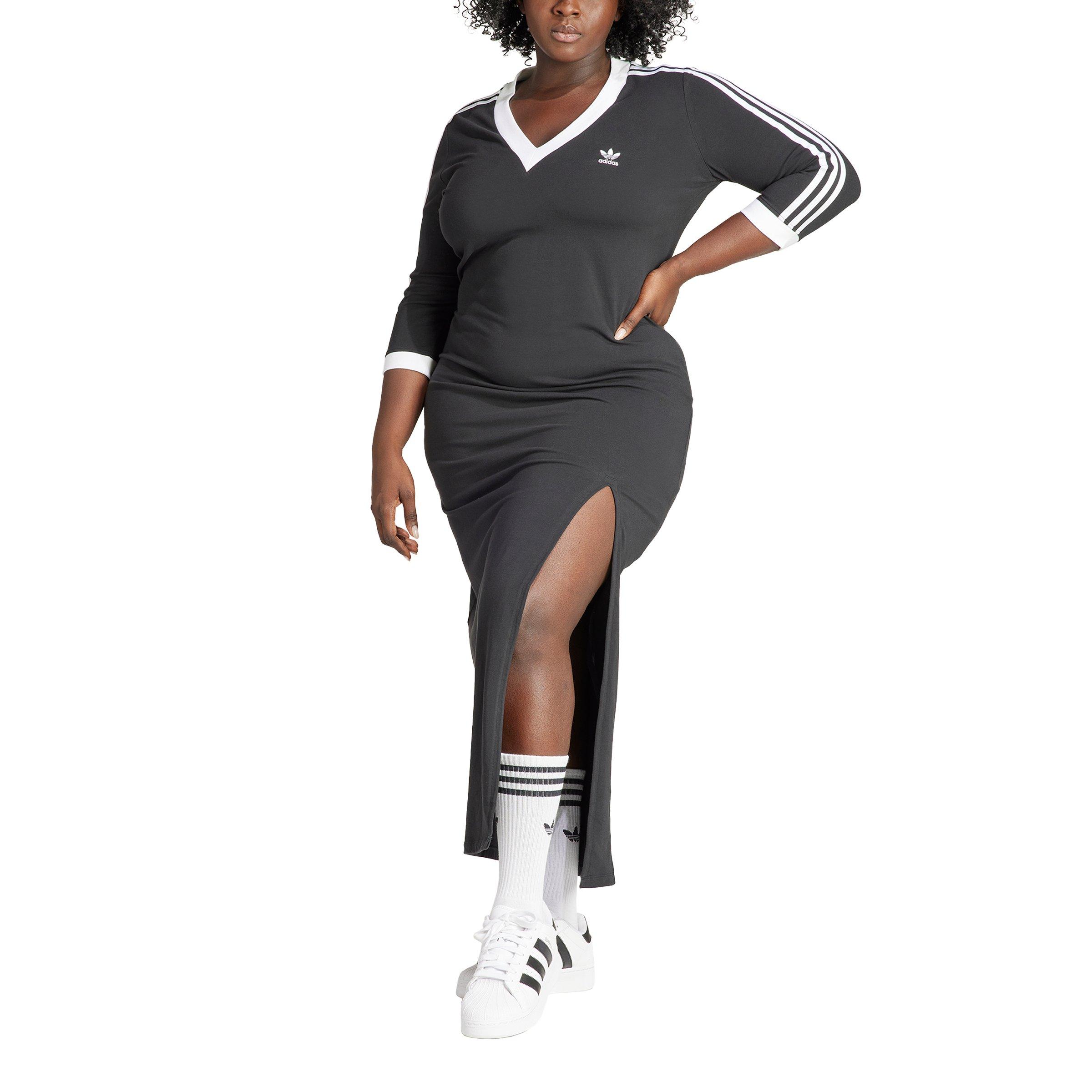 adidas Originals Women's Adicolor Classics 3-Stripes V-Neck Maxi Dress with Side Hem Slit - Black - BLACK Thumbnail View 5