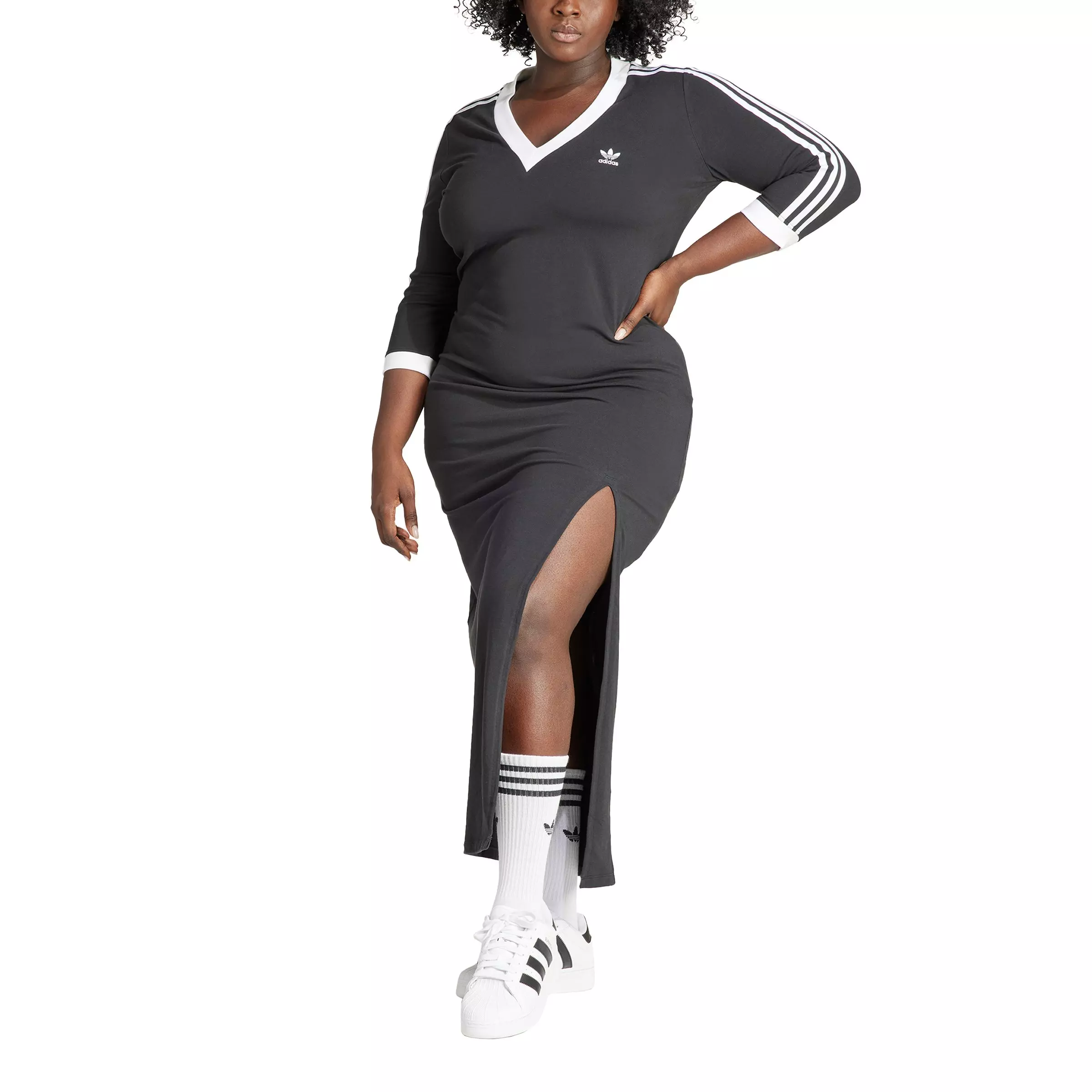 adidas Originals Women's Adicolor Classics 3-Stripes V-Neck Maxi Dress with Side Hem Slit - Black - BLACK