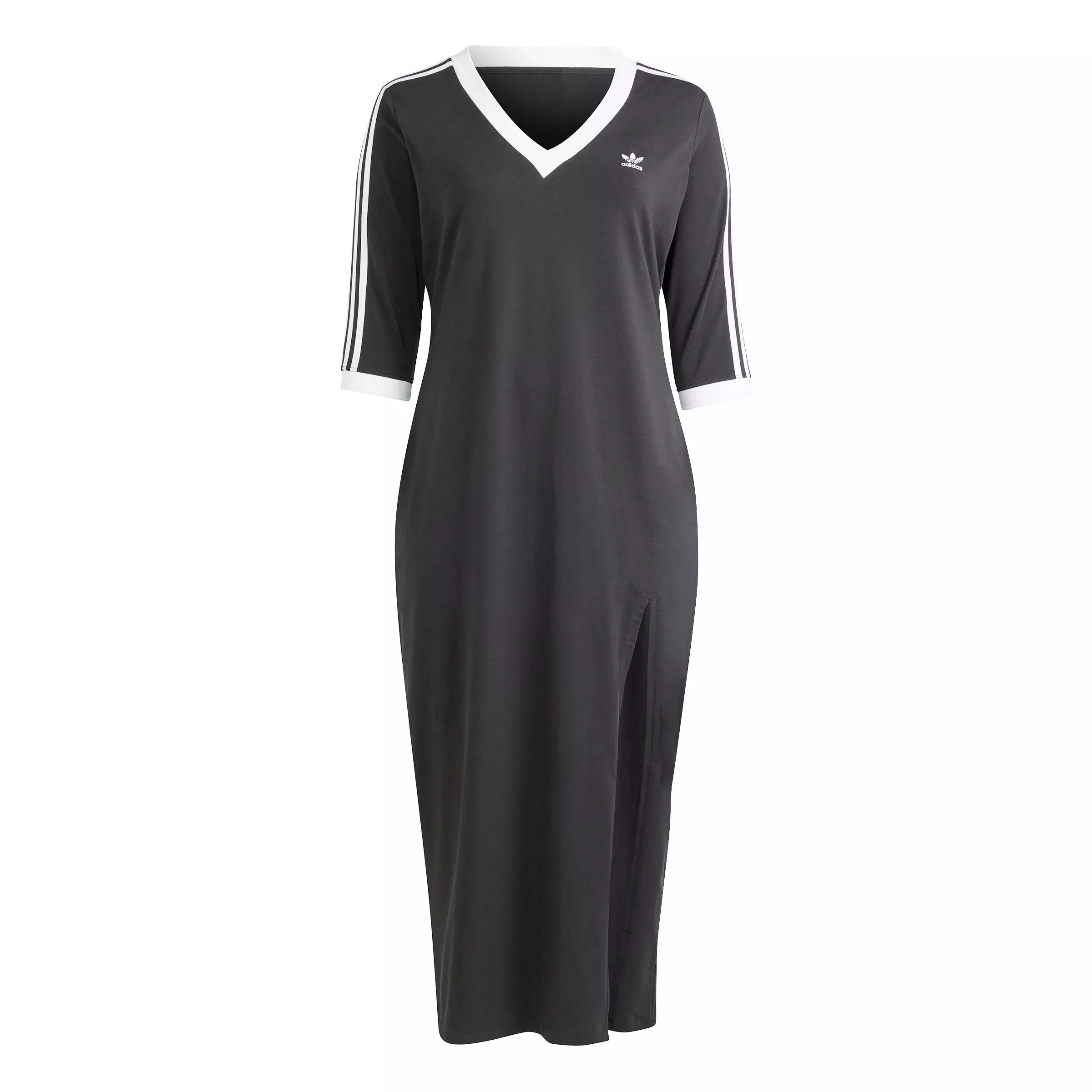 adidas Originals Women's Adicolor Classics 3-Stripes V-Neck Maxi Dress with Side Hem Slit - Black - BLACK