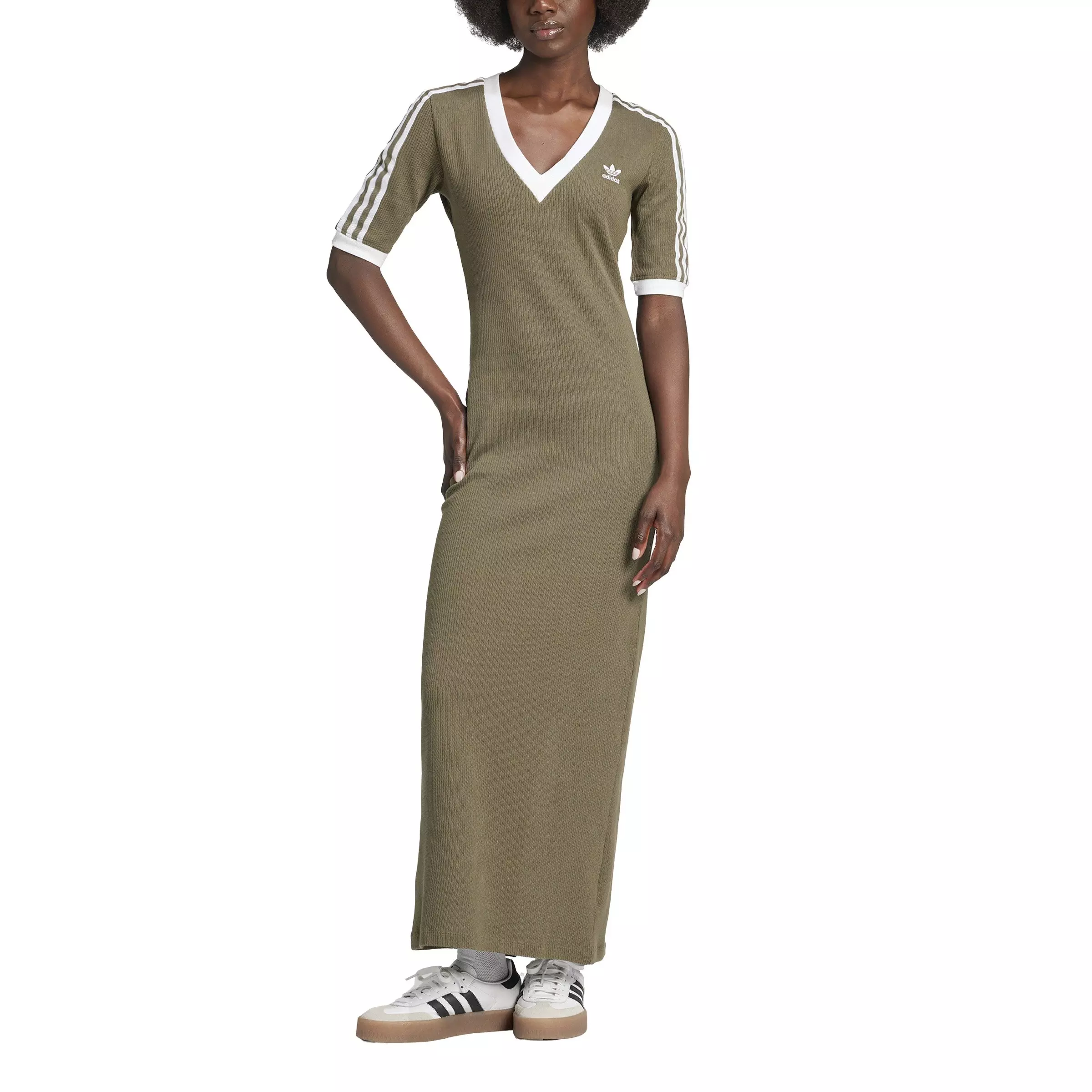 adidas Originals Women's Adicolor 3-Stripes Knit V-Neck Dress -Olive Green - OLIVE GREEN