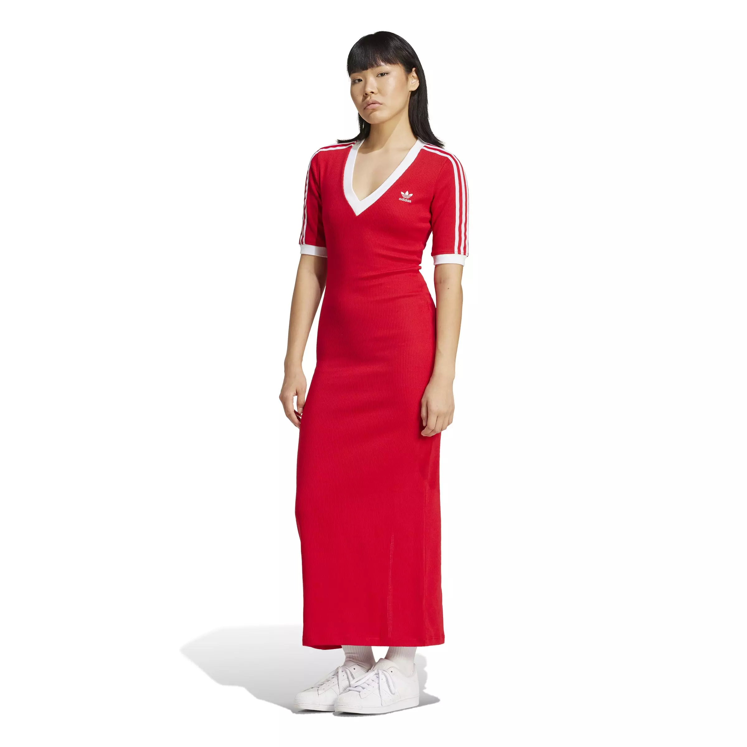adidas Originals Women's Adicolor 3-Stripes Knit V-Neck Dress -Red - RED