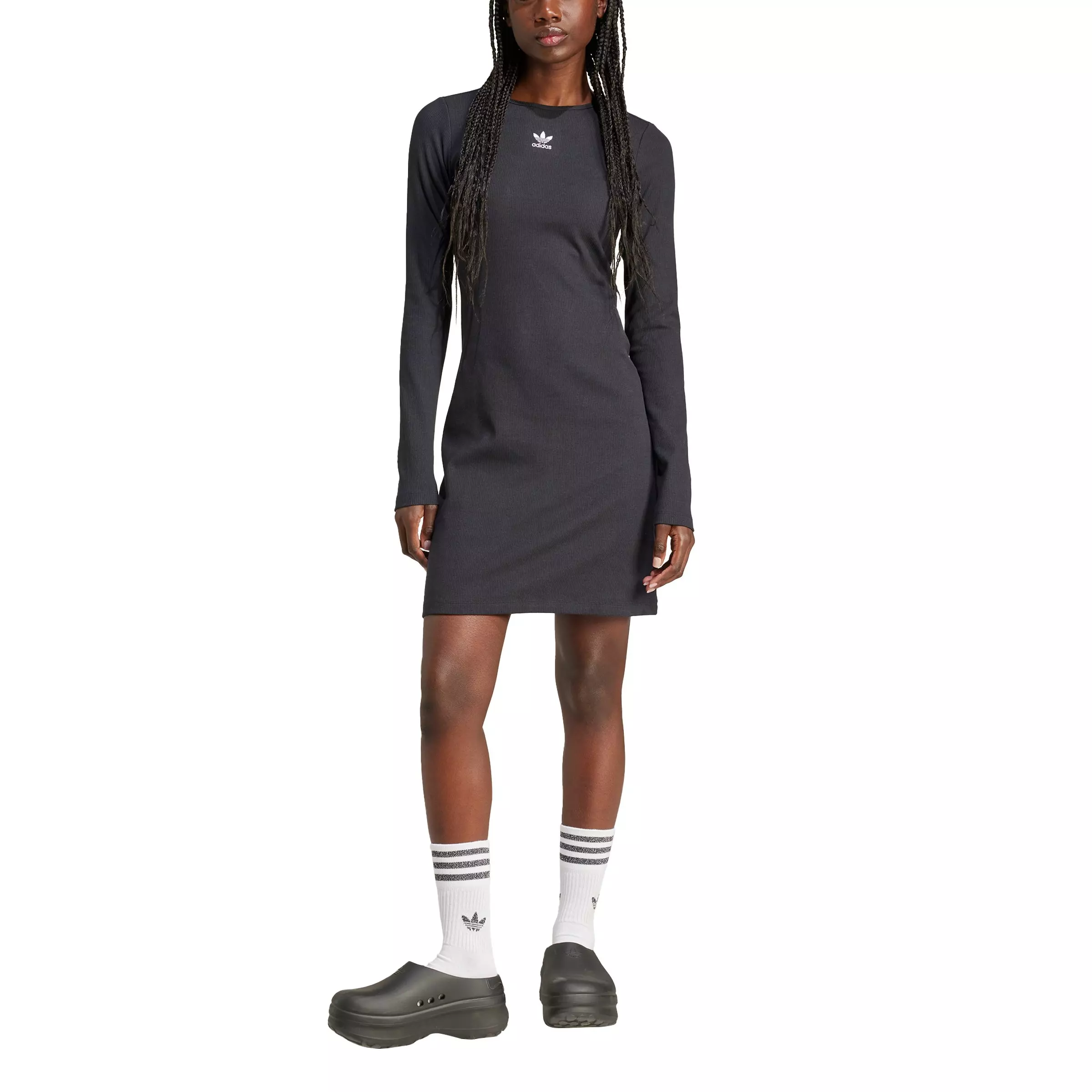 adidas Originals Women's Essentials Rib Long Sleeve Dress -Black - BLACK