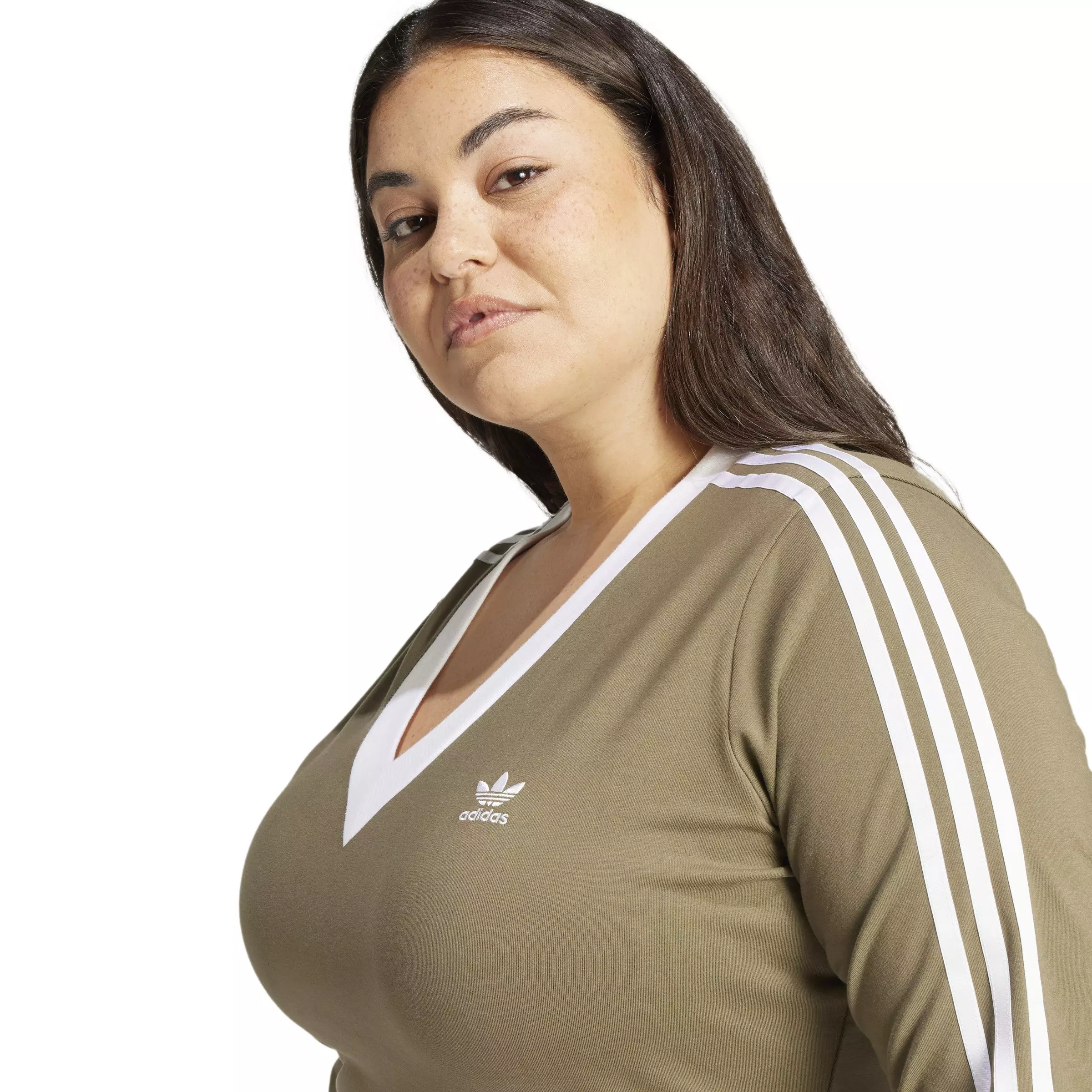 adidas Originals Women's Classics 3-Stripes Adicolor V-Neck Maxi Dress -Olive Green - OLIVE GREEN