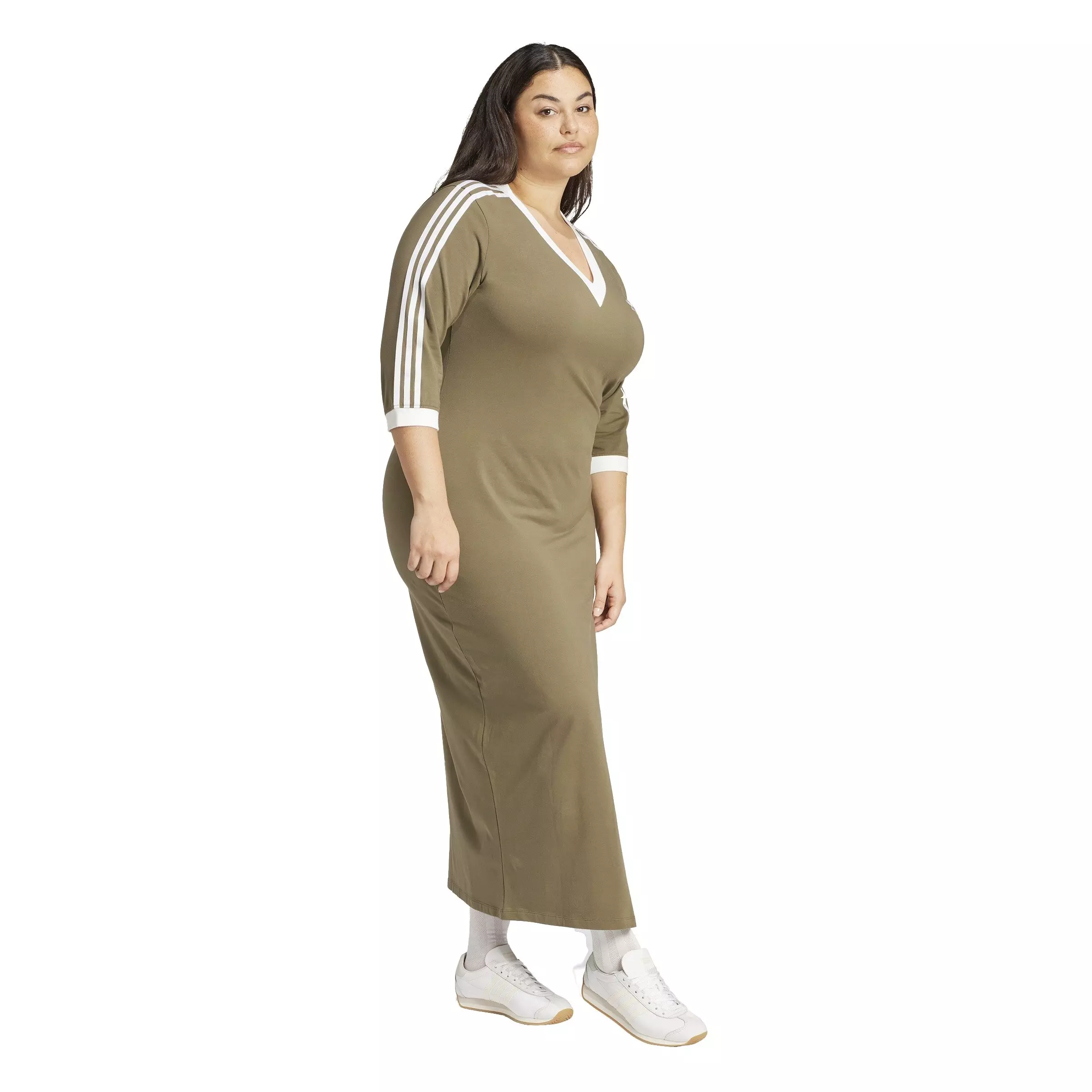 adidas Originals Women's Classics 3-Stripes Adicolor V-Neck Maxi Dress -Olive Green - OLIVE GREEN