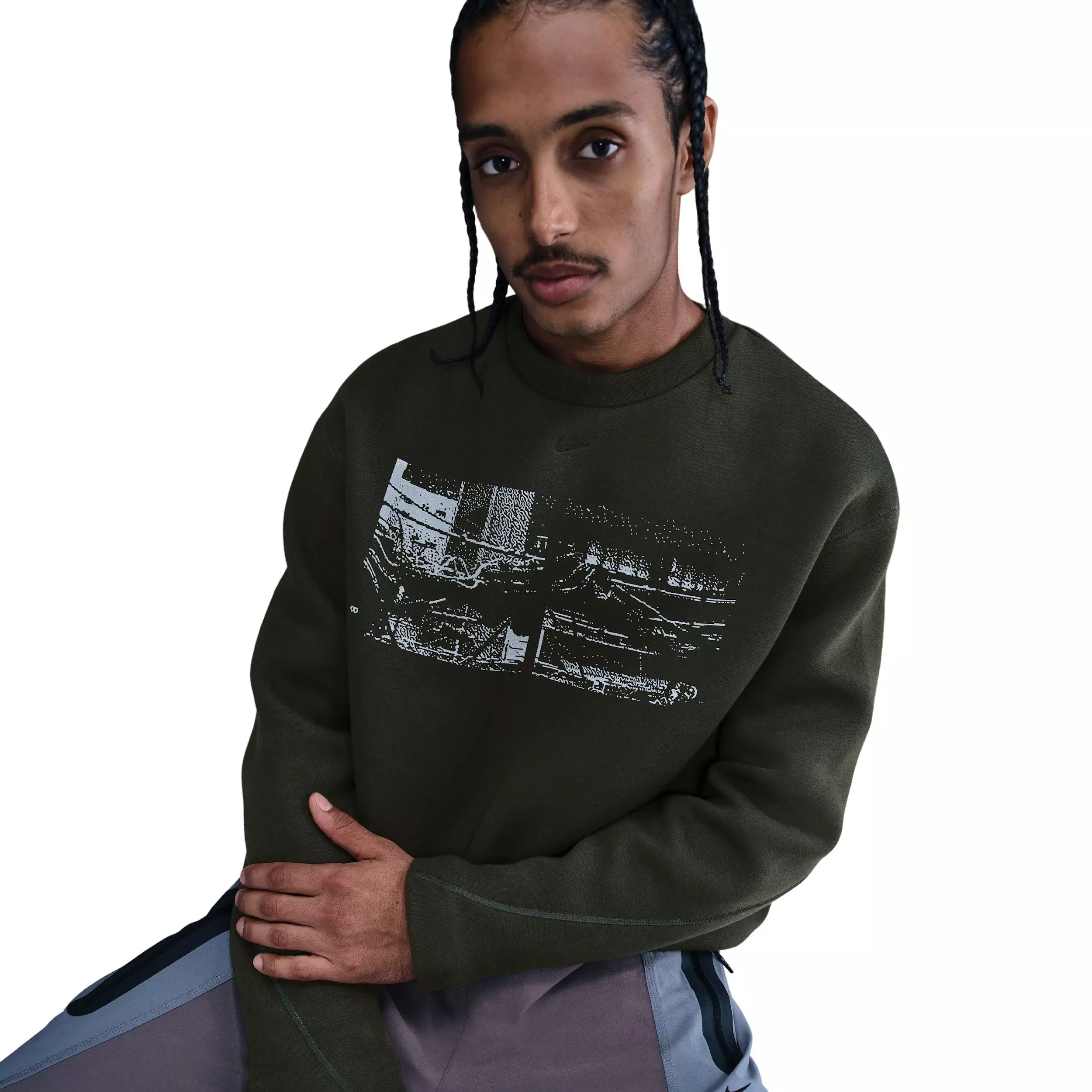 Nike Men's Tech Fleece Crew with Reflective Accents Sweater - GREEN