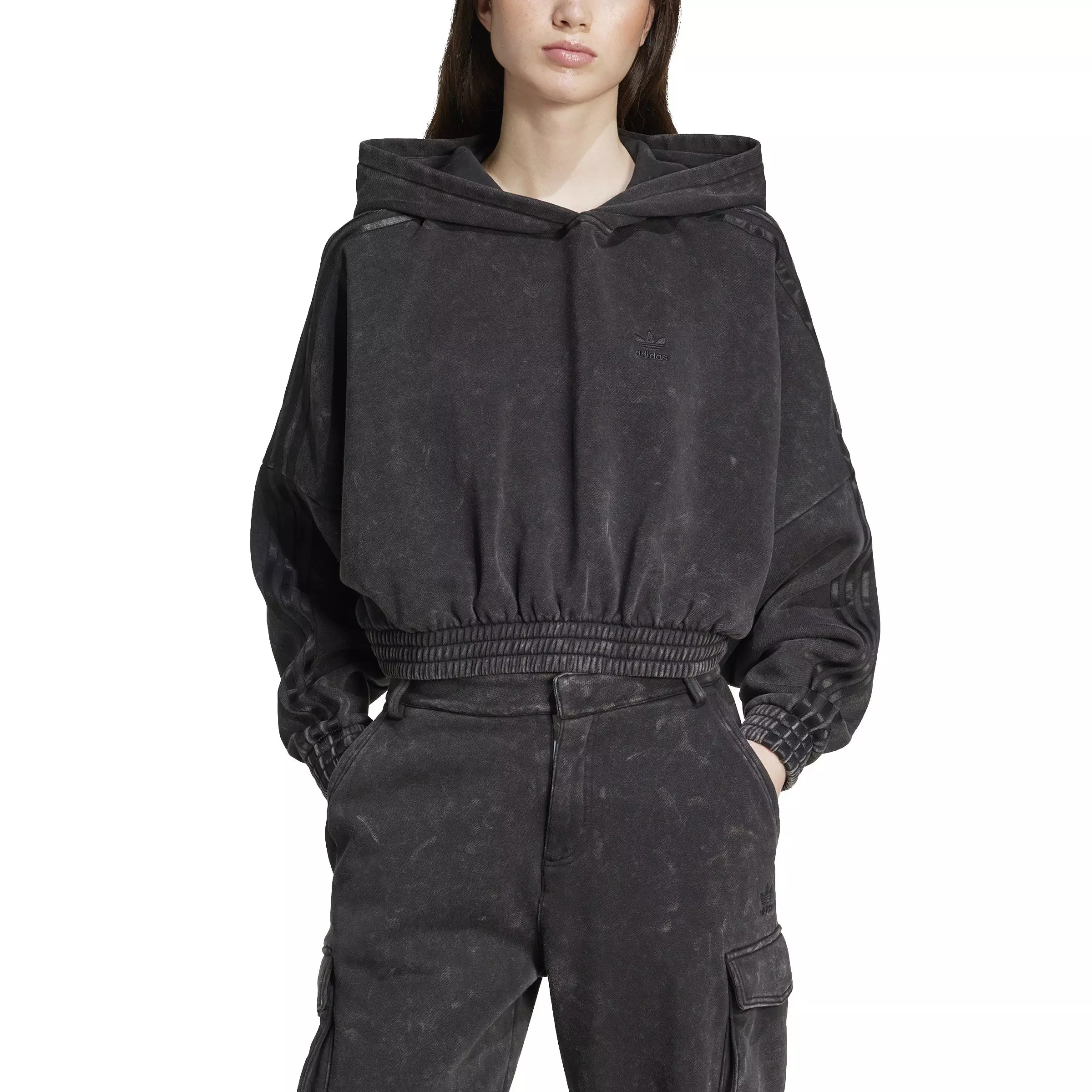 adidas Originals Women's Washed Crop Oversized Zip Hoodie -Black - BLACK