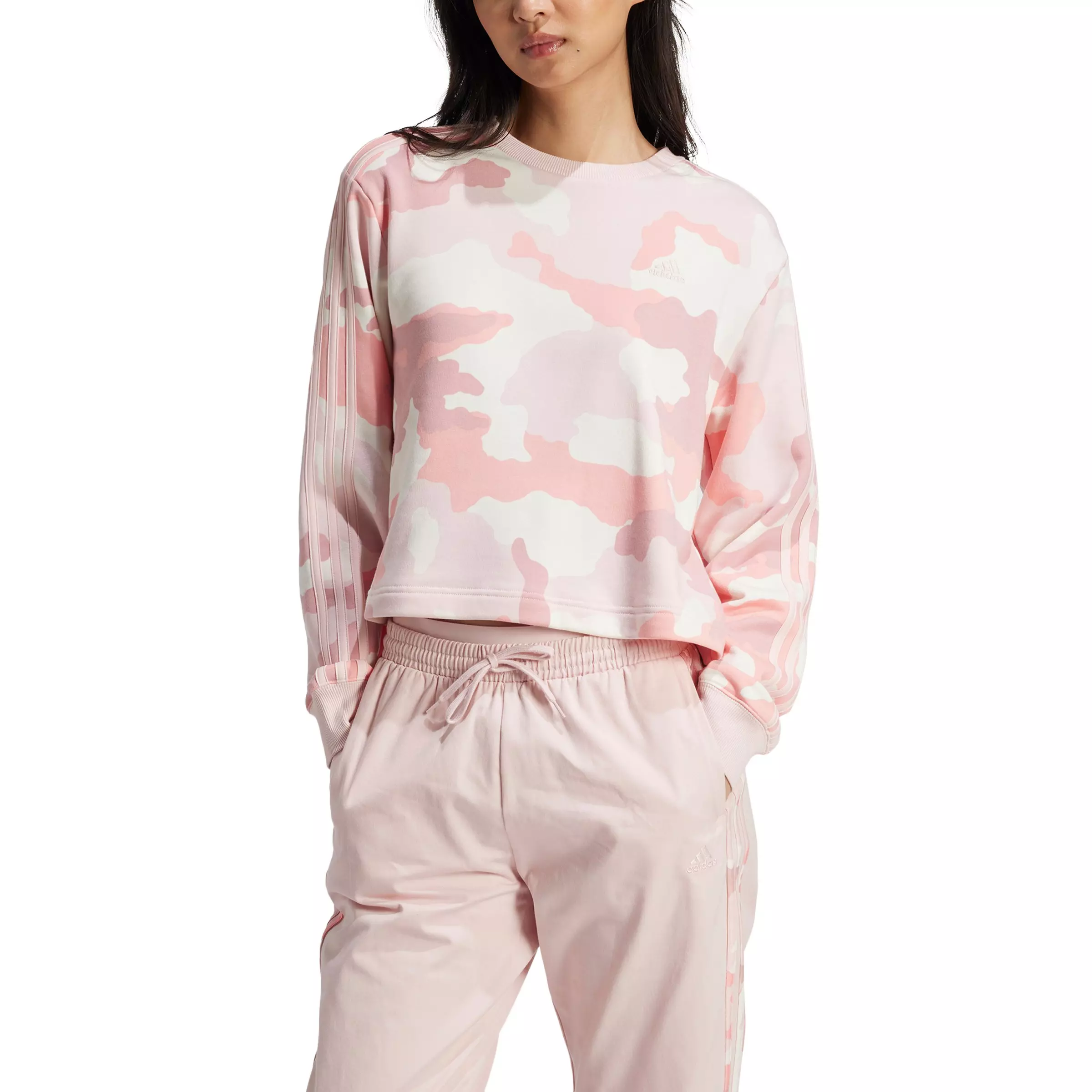 adidas Women's Essentials 3-Stripes Camo-Print Cropped Sweatshirt - Pink - PINK