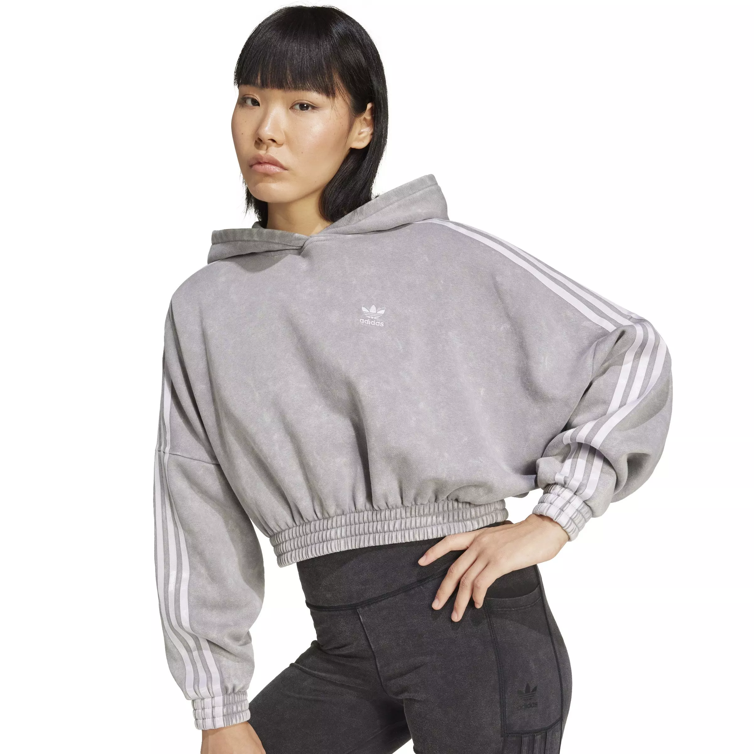 adidas Originals Women's Washed-Out Crop Oversized Zip Hoodie-Grey - GREY