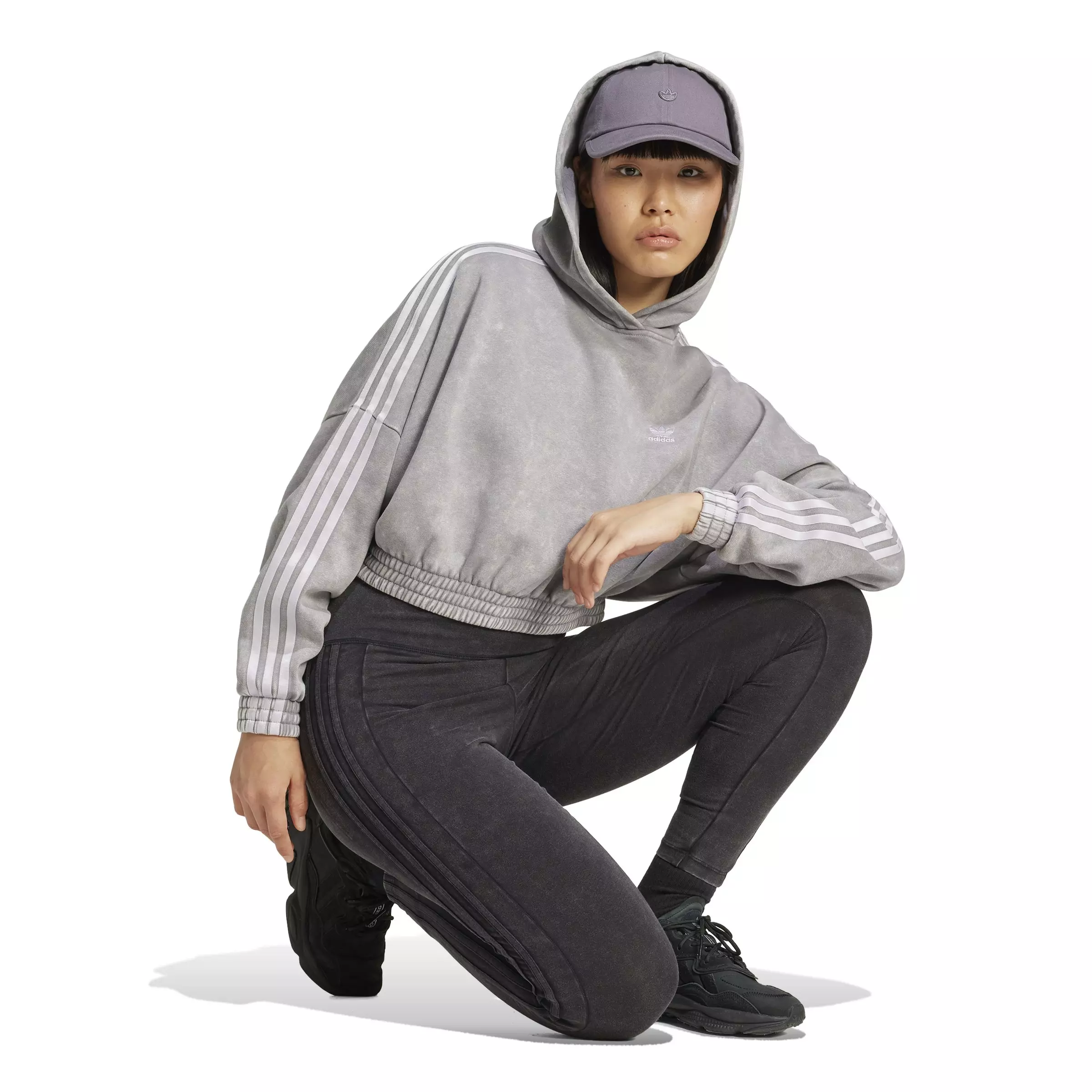 adidas Originals Women's Washed-Out Crop Oversized Zip Hoodie-Grey - GREY