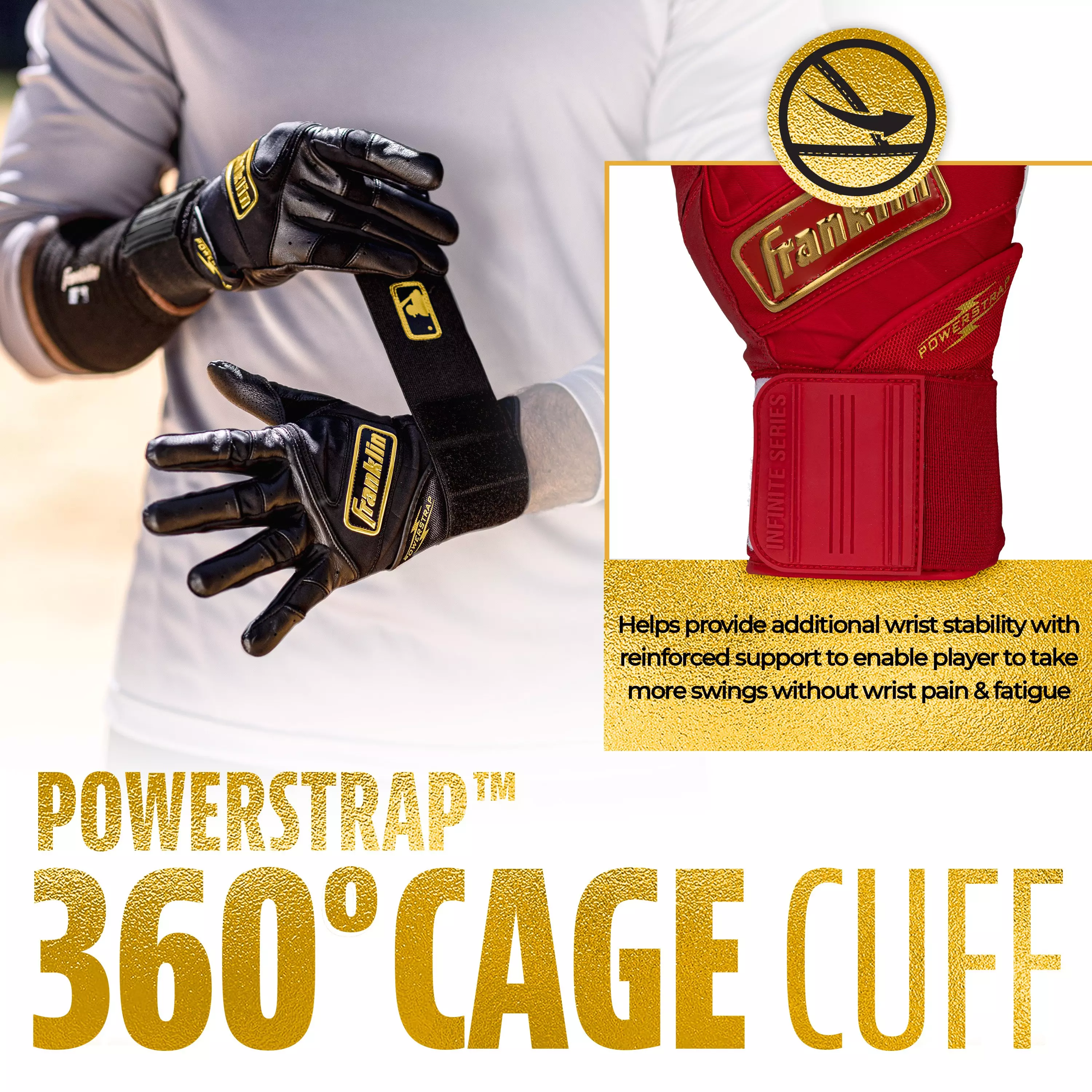 Franklin Sports MLB Adult Powerstrap Batting Gloves - Red/Gold - RED/GOLD