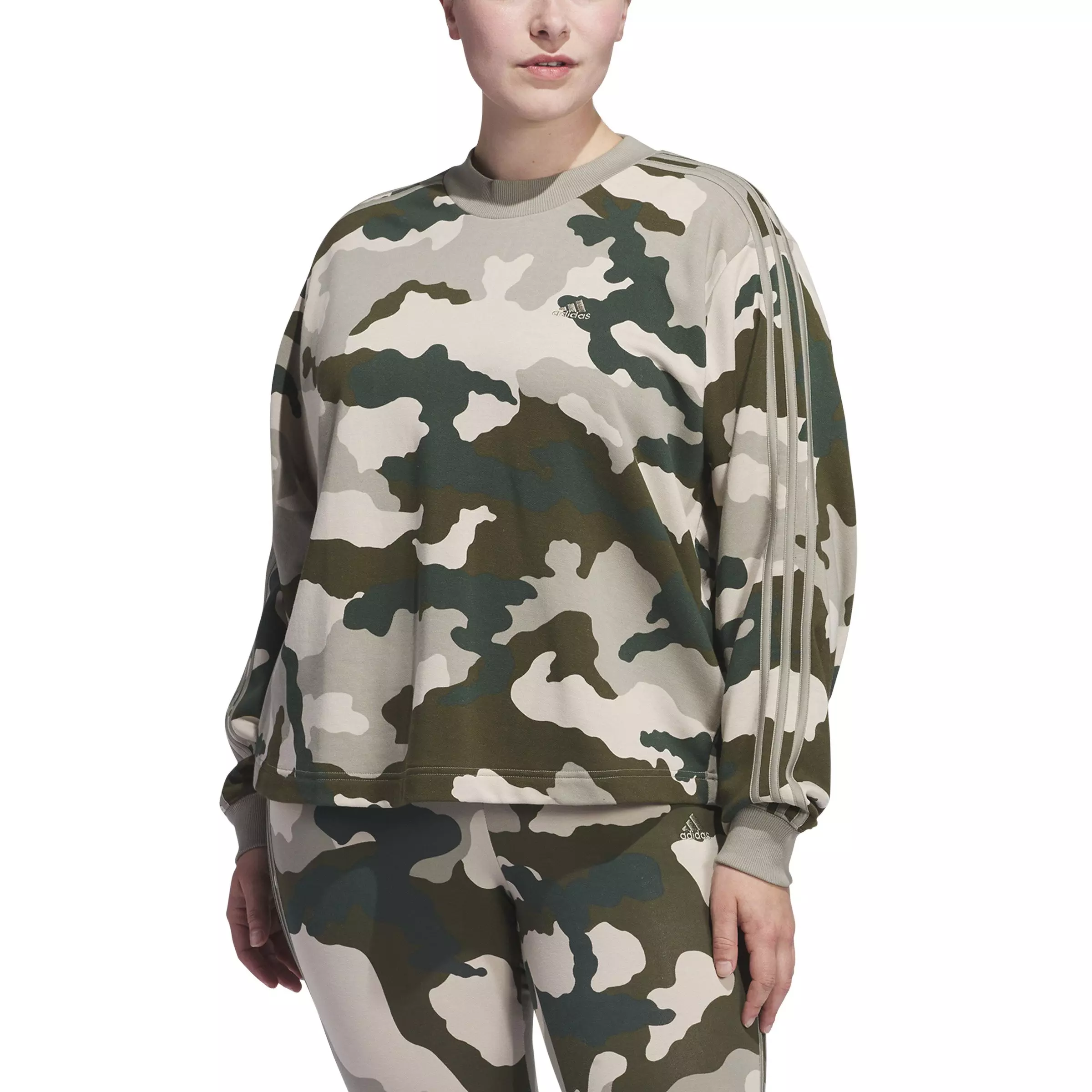 adidas Women's Essentials Camo-Print 3-Stripes Cropped Sweatshirt - Camo Green - CAMO GREEN