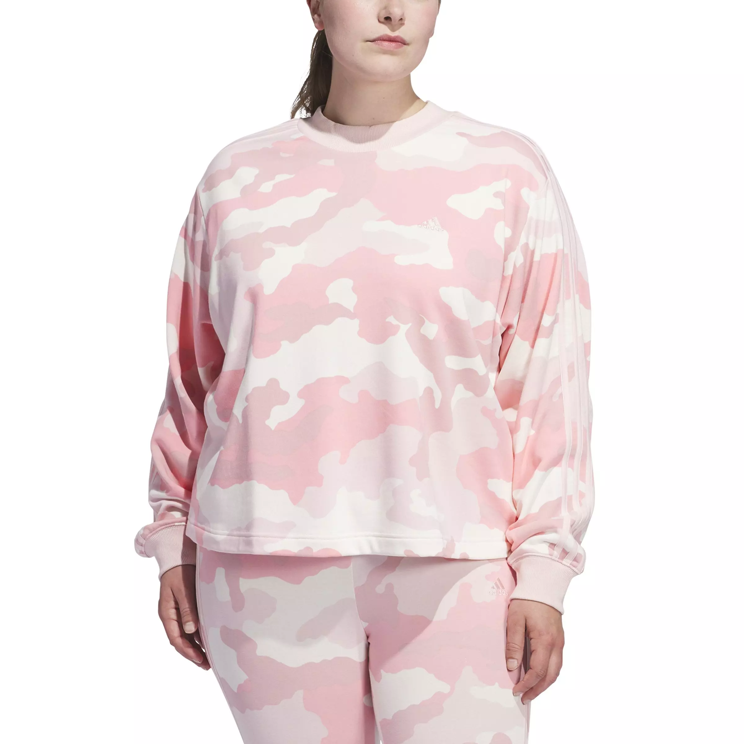 adidas Women's Essentials Camo-Print 3-Stripes Cropped Sweatshirt - Camo Pink - CAMO PINK