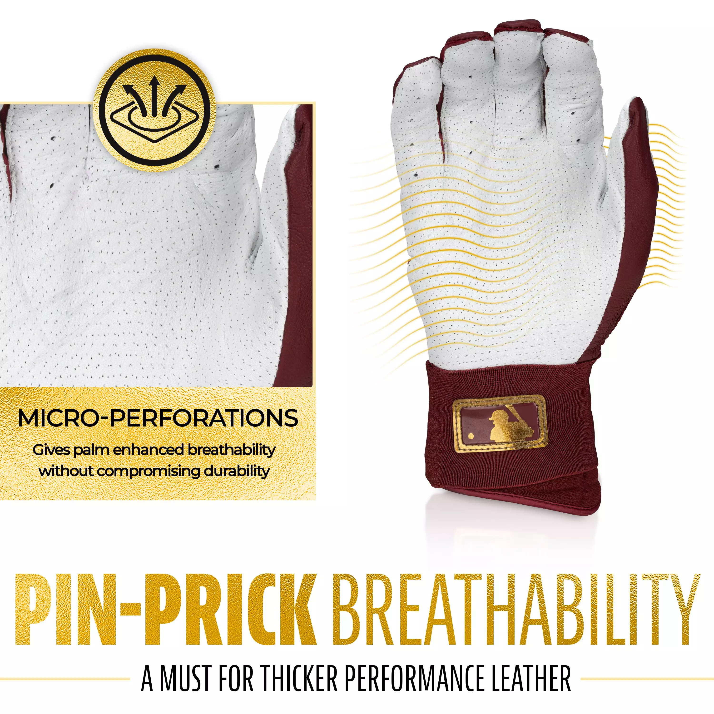 Franklin Sports MLB Adult Powerstrap Batting Gloves - Burgundy - BURGUNDY