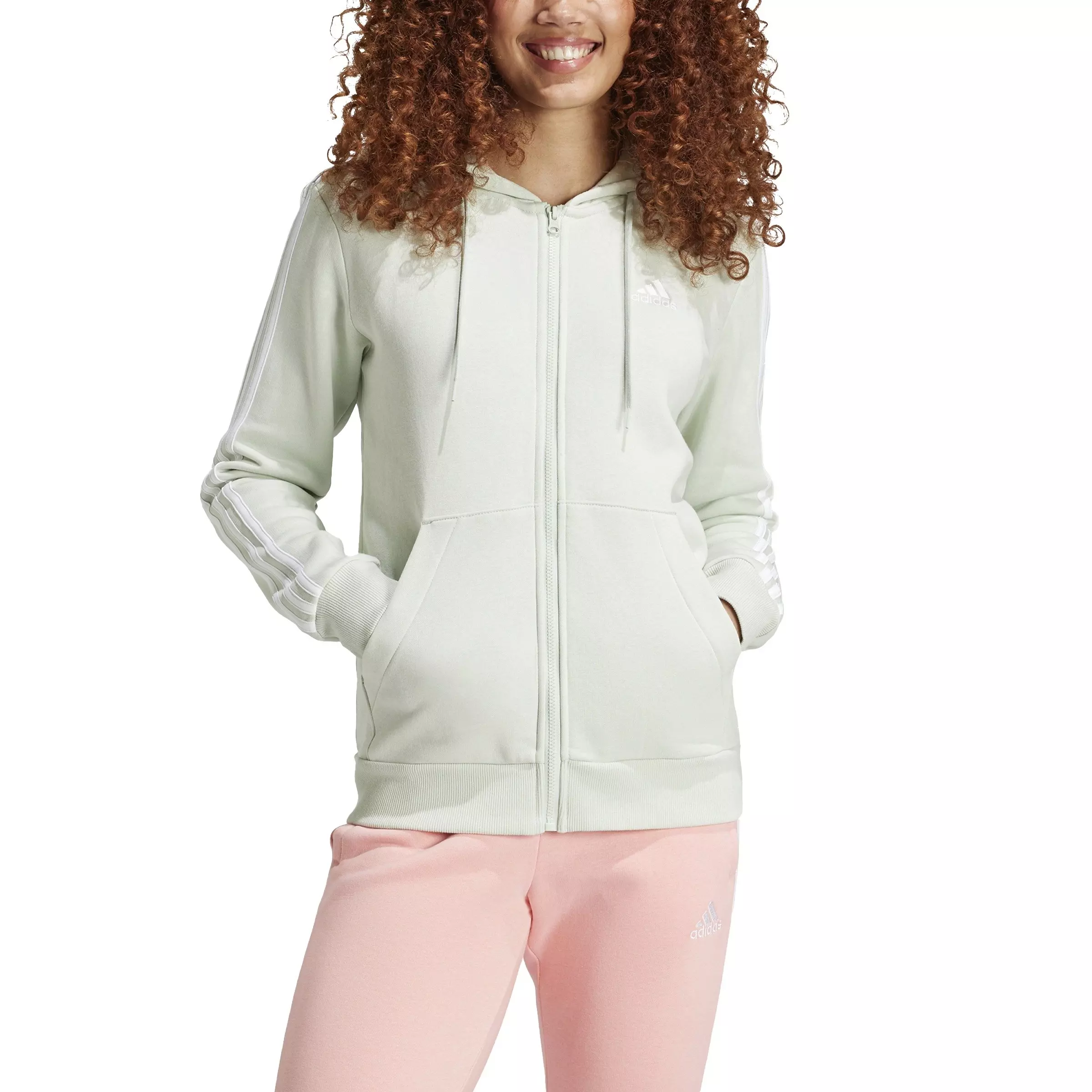 adidas Women's Essentials 3-Stripes Full-Zip Fleece Hooded Jacket - Green - GREEN