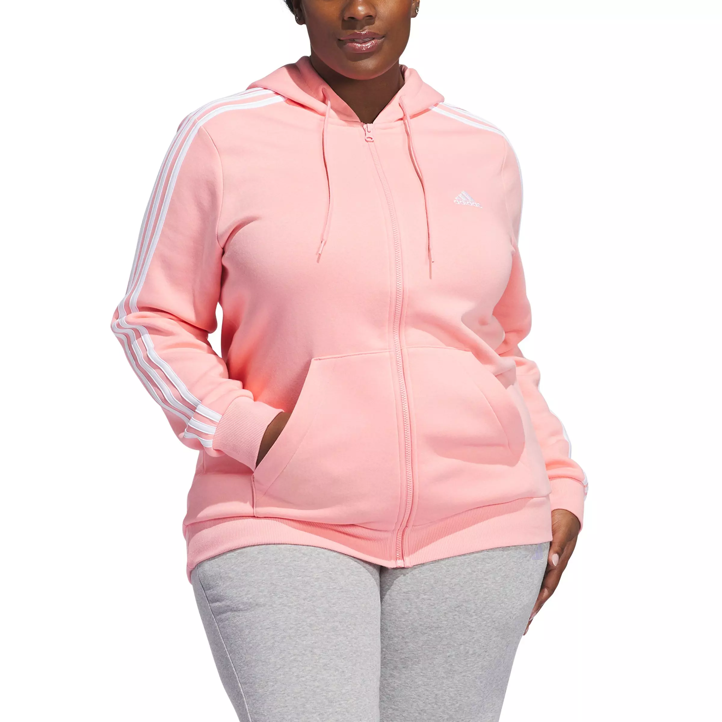 adidas Women's Essentials 3-Stripes Full-Zip Hooded Fleece Jacket - Pink - PINK