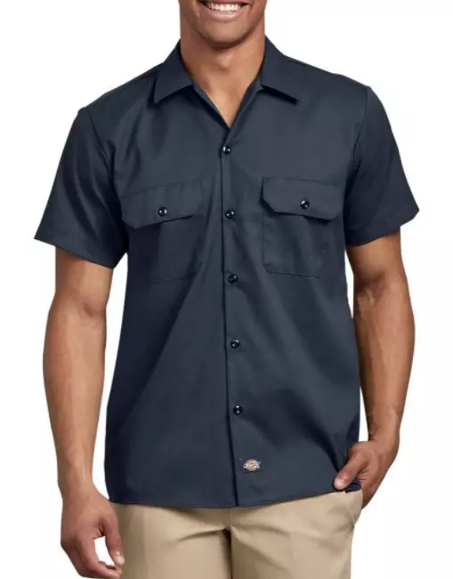 Dickies Men's FLEX Slim Fit Short Sleeve Twill "Dark Navy" Work Shirt - NAVY