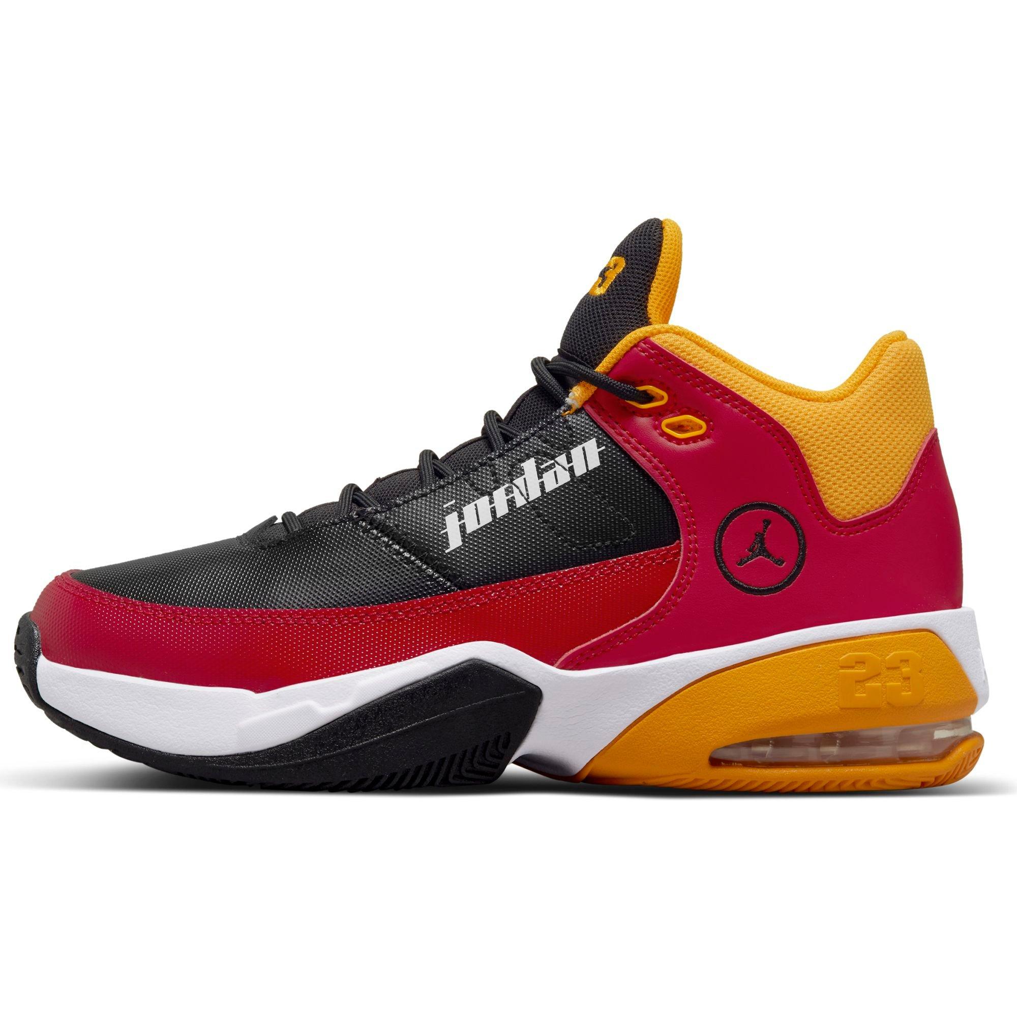 Red yellow store and black jordans