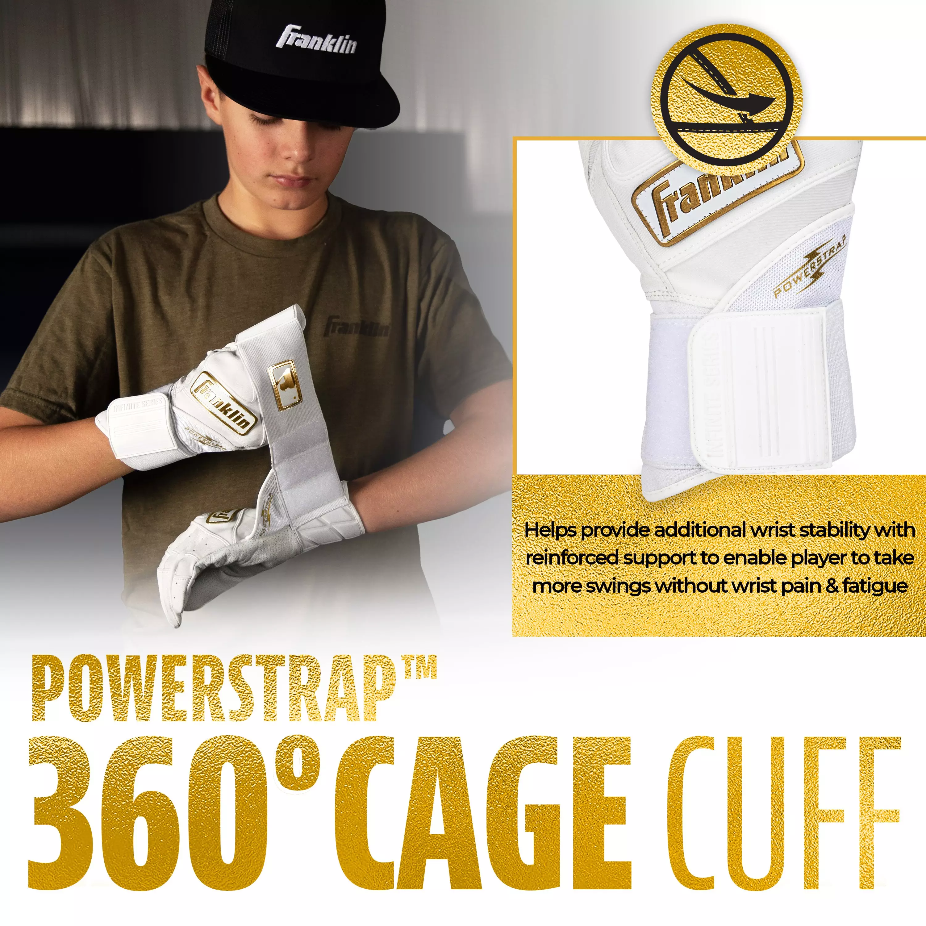 Franklin Sports MLB Youth Powerstrap Batting Gloves - White/Gold - WHITE/GOLD